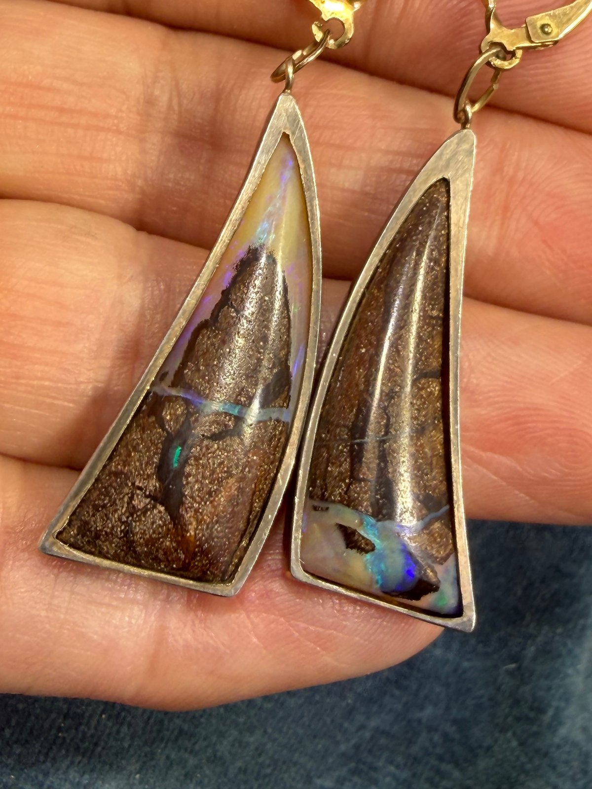 Australian Boulder Opal Earrings in 1/20 14k GF. 2.2" Leverbacks *Video*