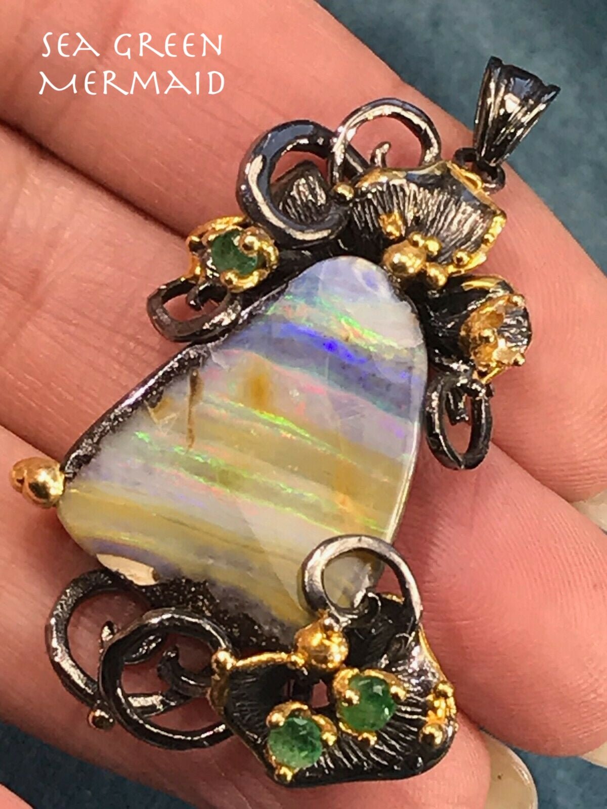 Australian Boulder Opal + Emerald Pendant in 925. Large 13g & 2"