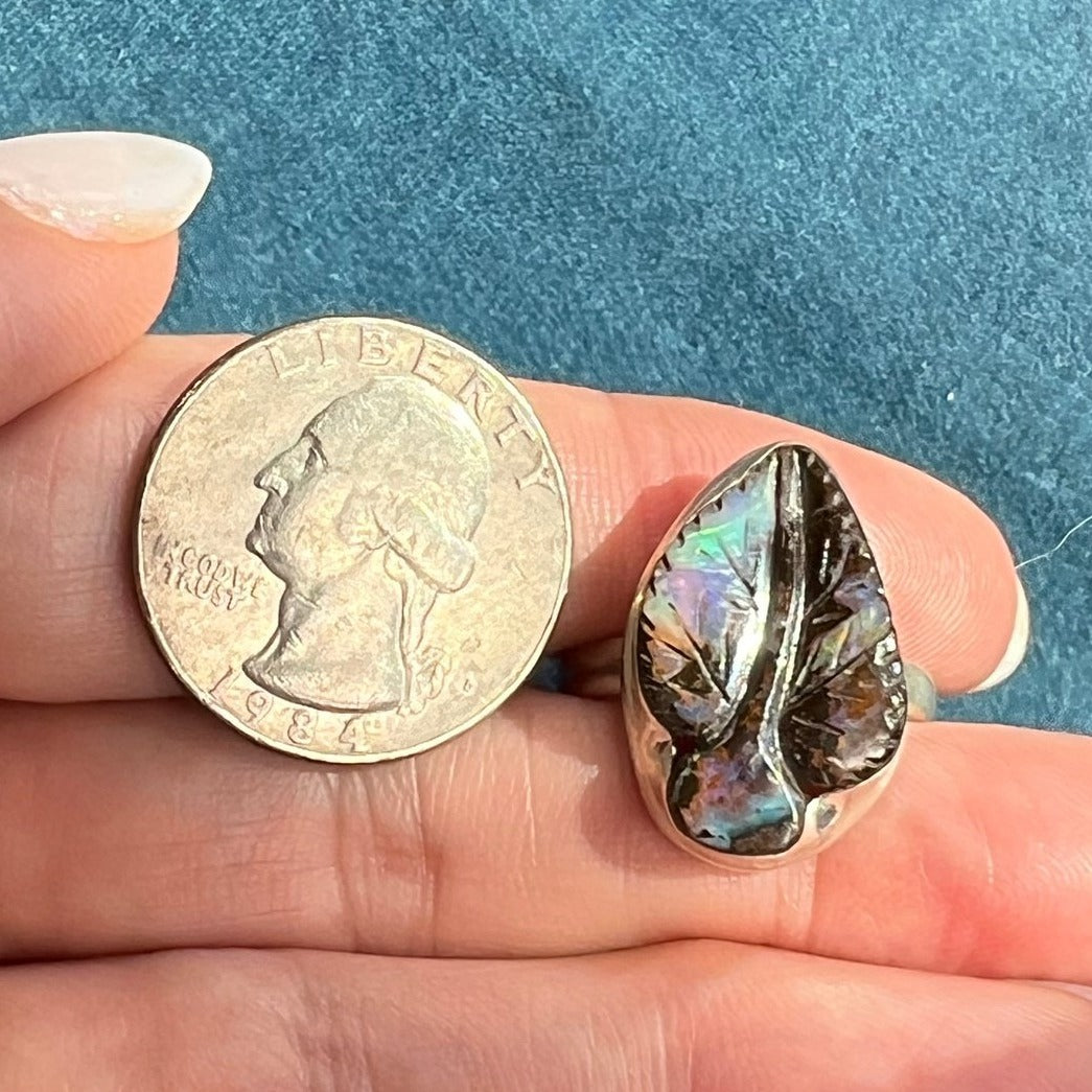 Australian Boulder Opal Hand-Carved LEAF Ring in 925