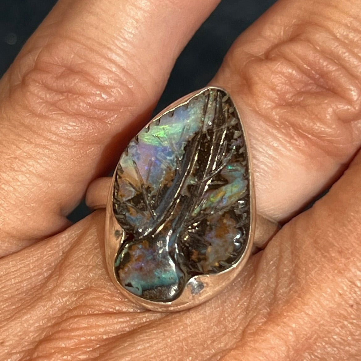 Australian Boulder Opal Hand-Carved LEAF Ring in 925