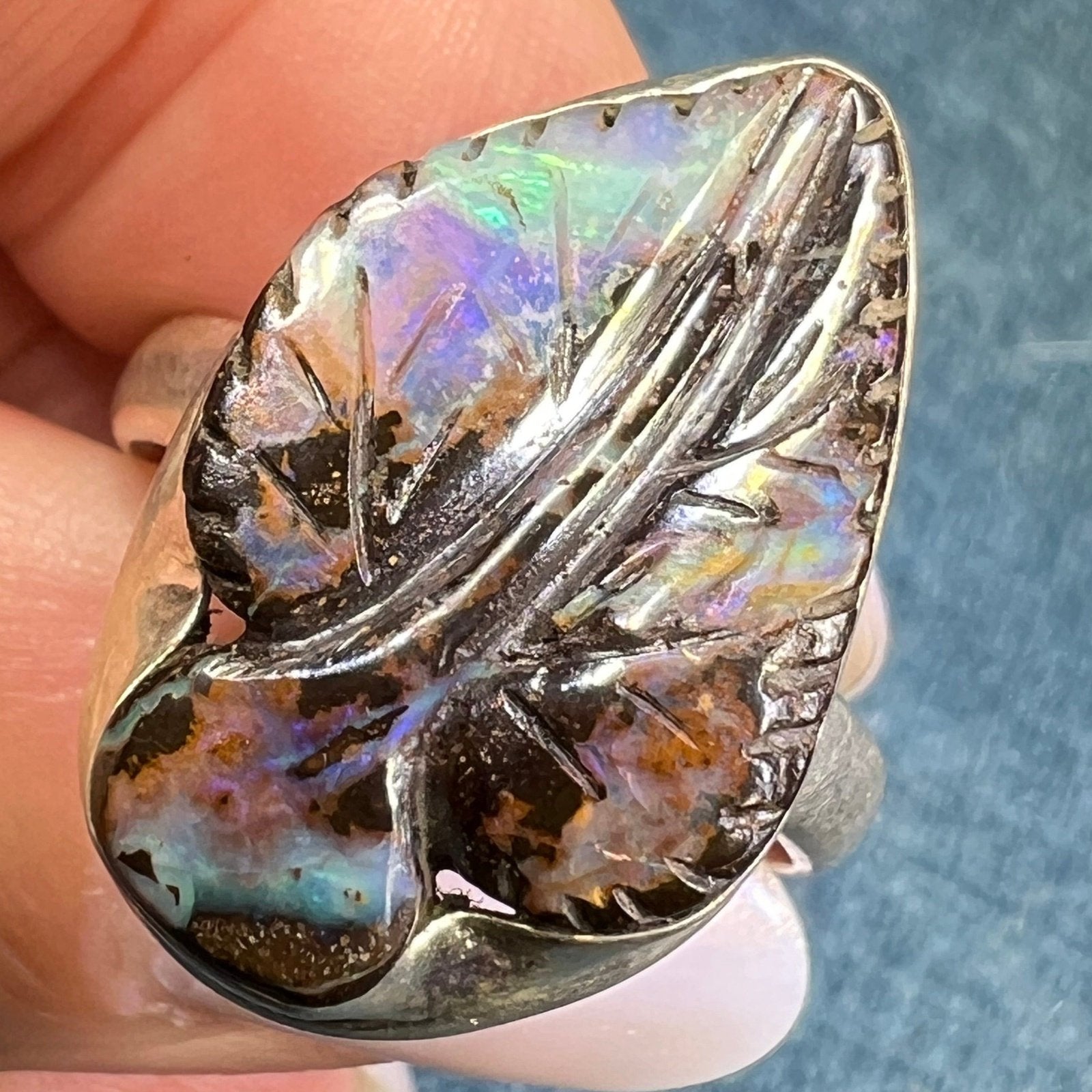 Australian Boulder Opal Hand-Carved LEAF Ring in 925