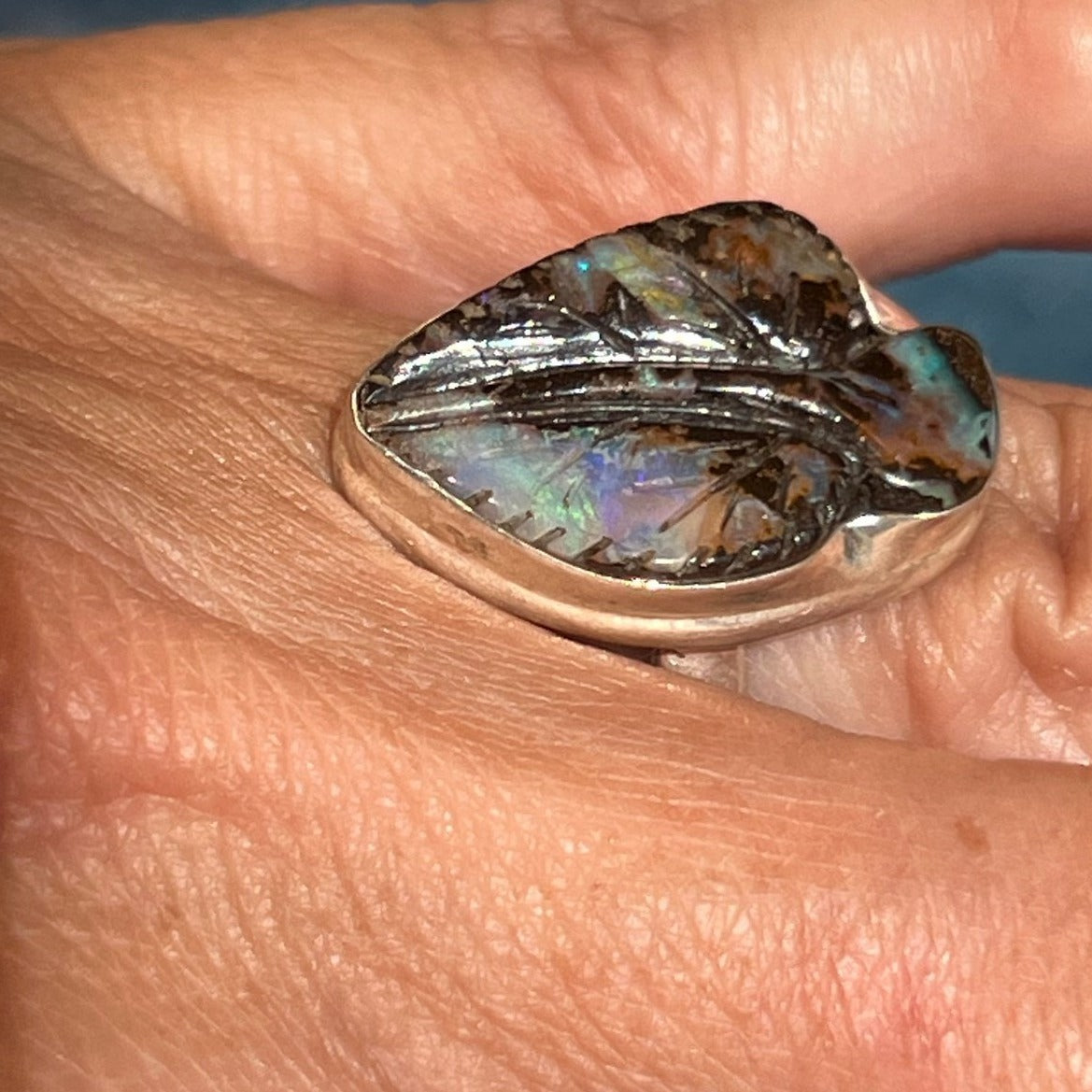 Australian Boulder Opal Hand-Carved LEAF Ring in 925