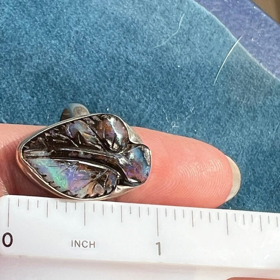 Australian Boulder Opal Hand-Carved LEAF Ring in 925