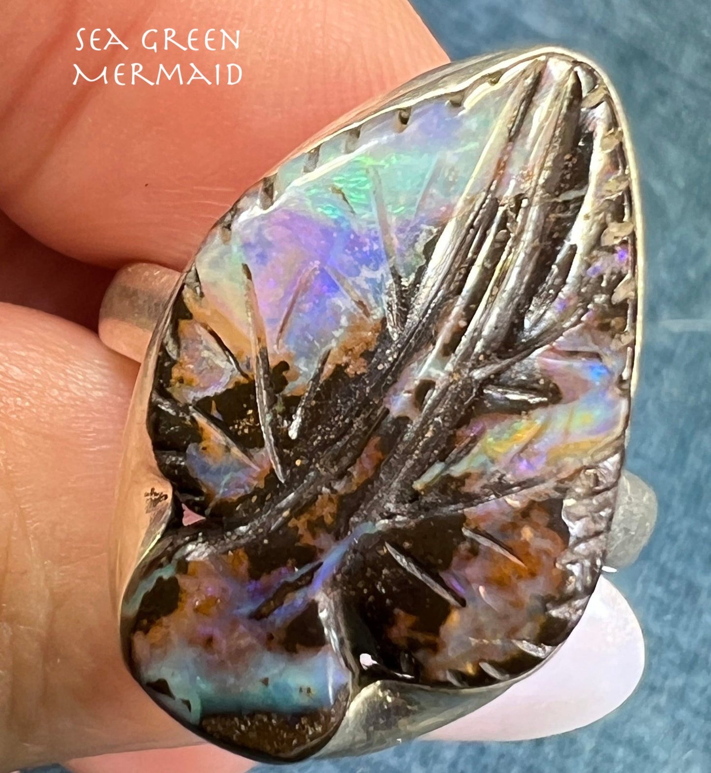 Australian Boulder Opal Hand-Carved LEAF Ring in 925