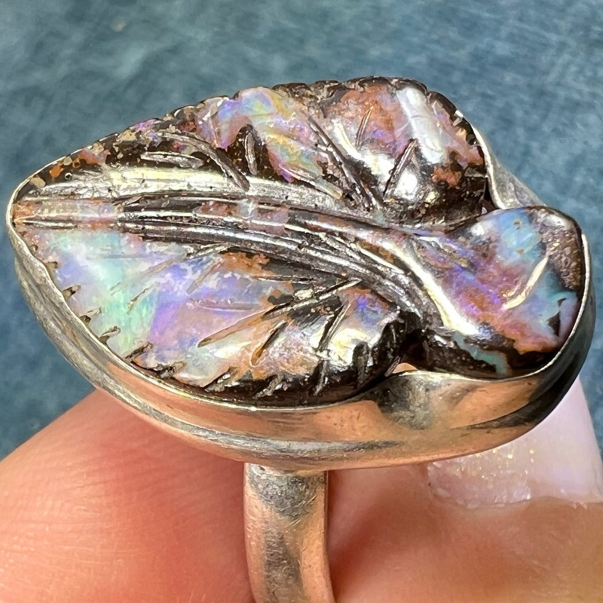 Australian Boulder Opal Hand-Carved LEAF Ring in 925