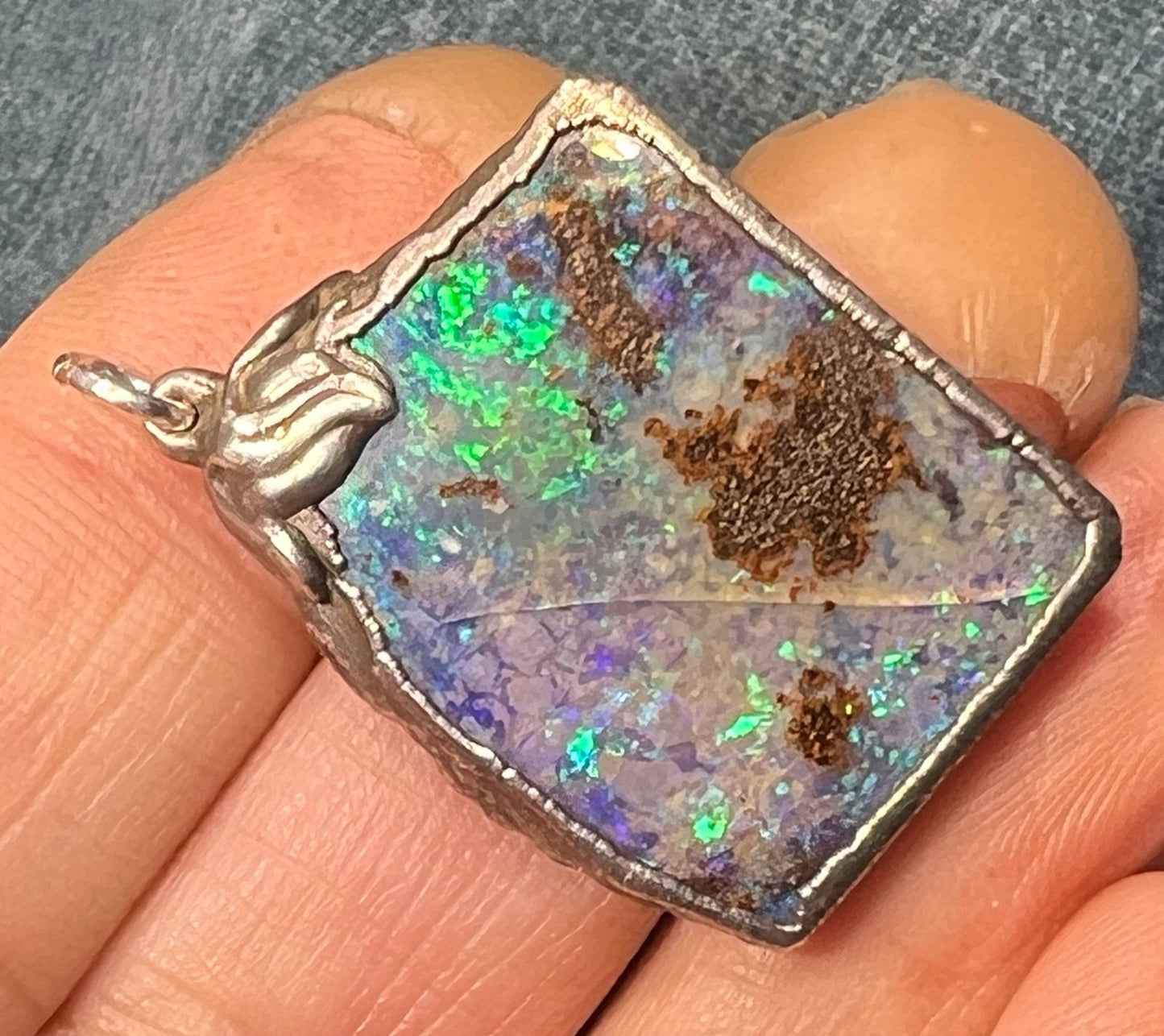 Australian Boulder Opal Pendant in Silver. 1.5" + 7.7g *Video*