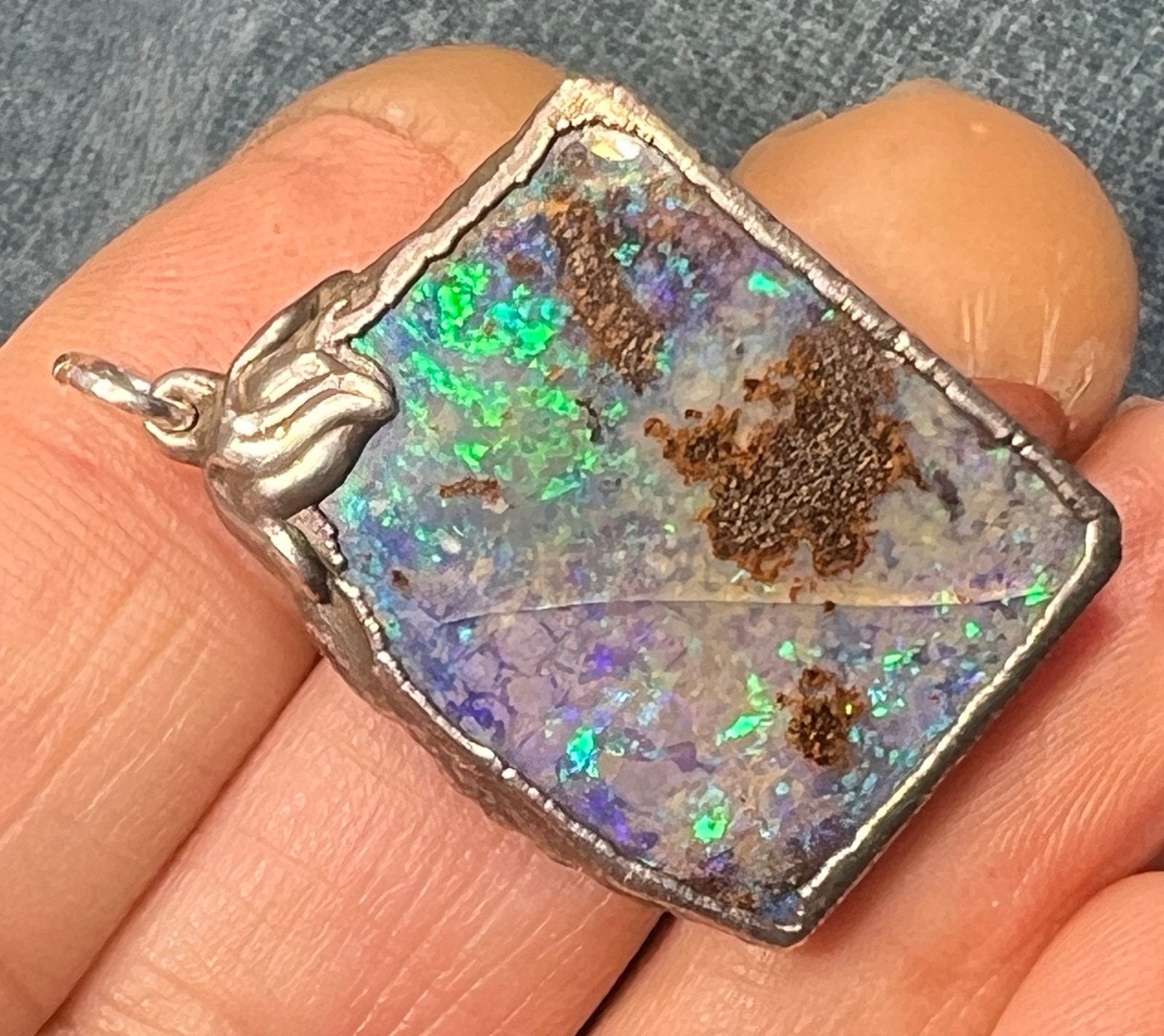 Australian Boulder Opal Pendant in Silver. 1.5" + 7.7g *Video*