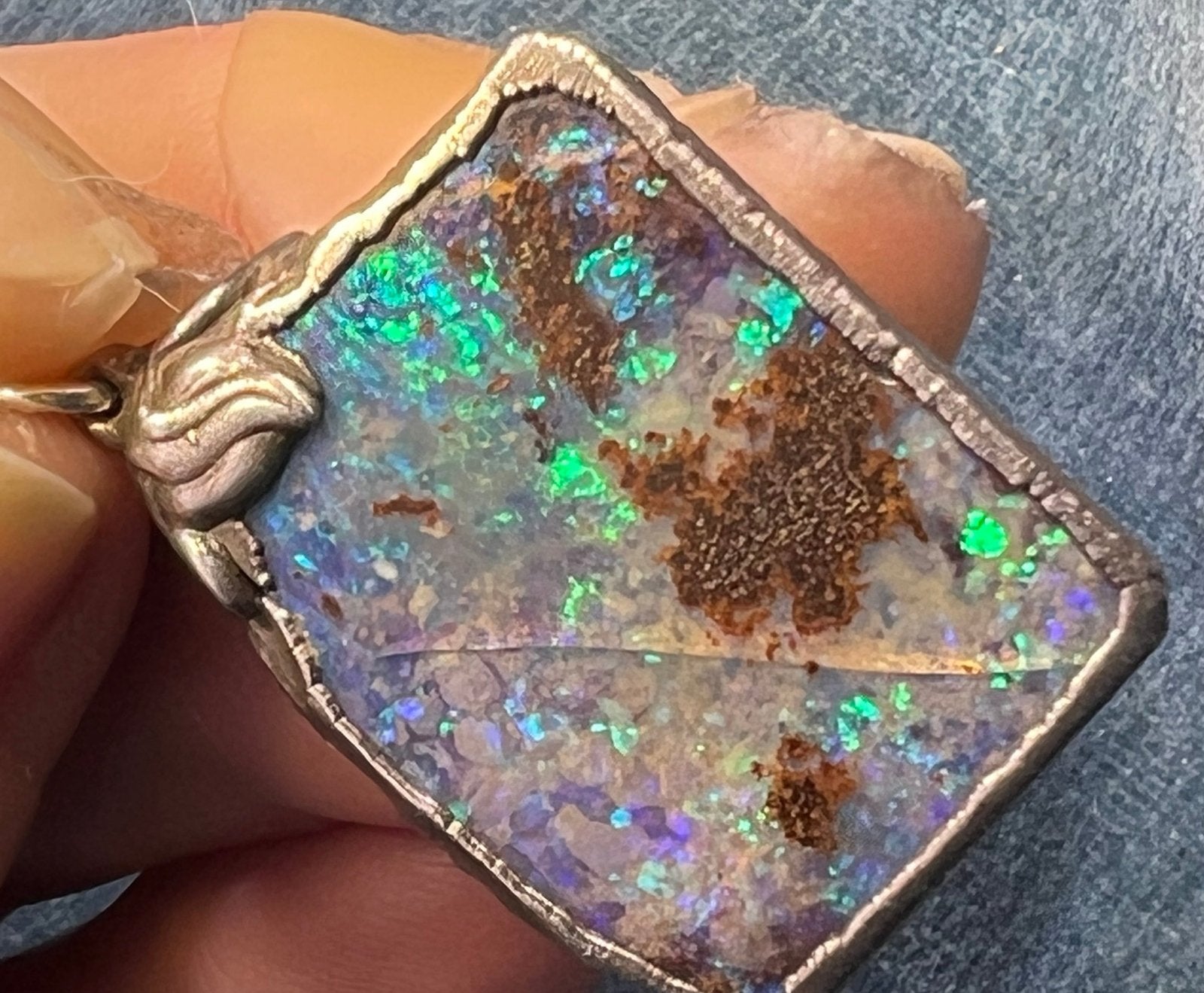 Australian Boulder Opal Pendant in Silver. 1.5" + 7.7g *Video*