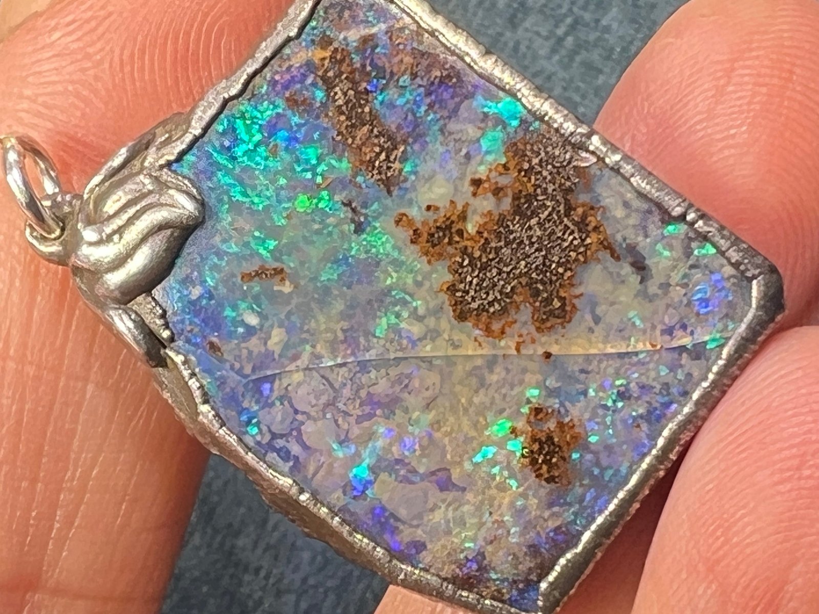 Australian Boulder Opal Pendant in Silver. 1.5" + 7.7g *Video*