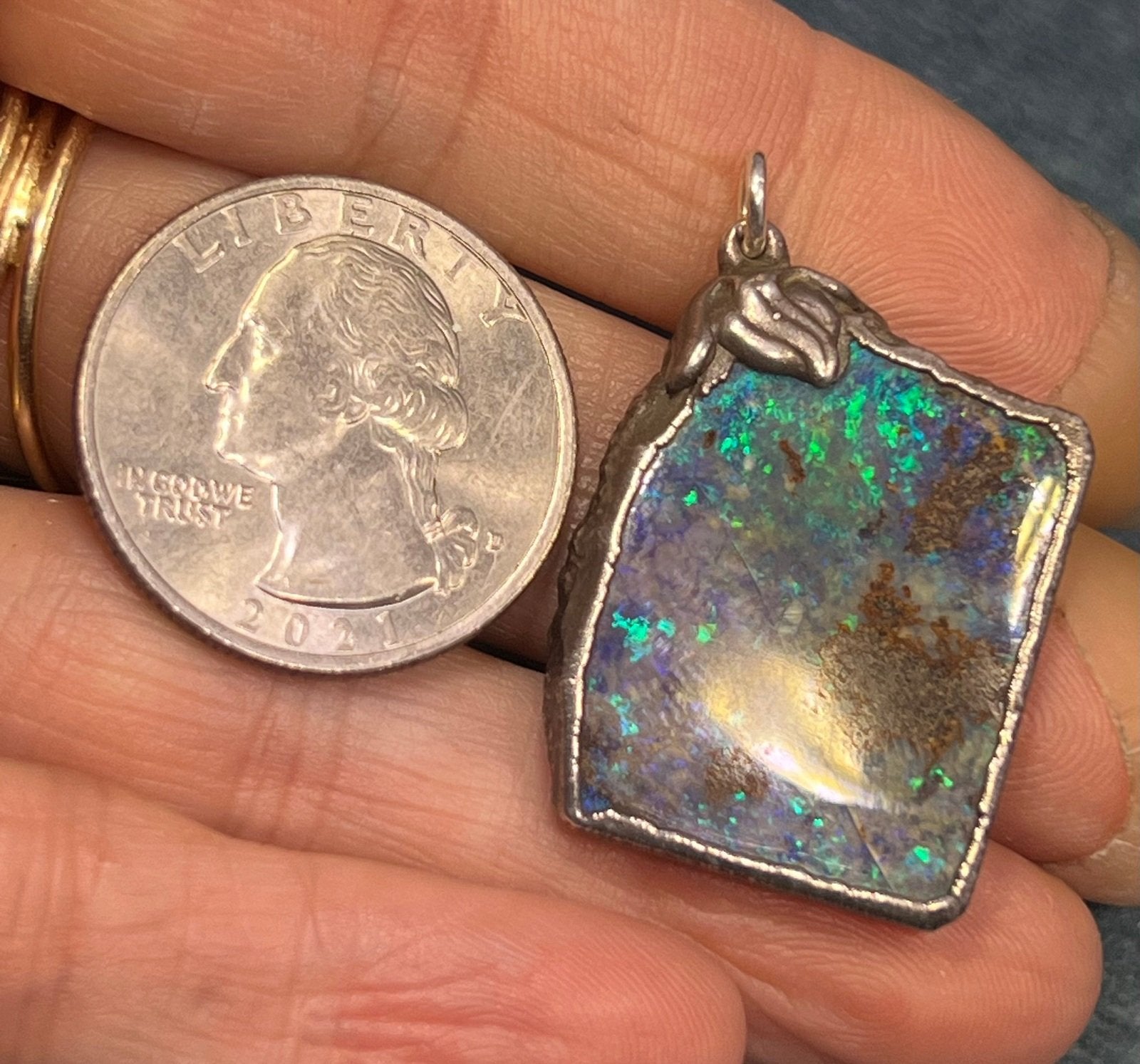 Australian Boulder Opal Pendant in Silver. 1.5" + 7.7g *Video*