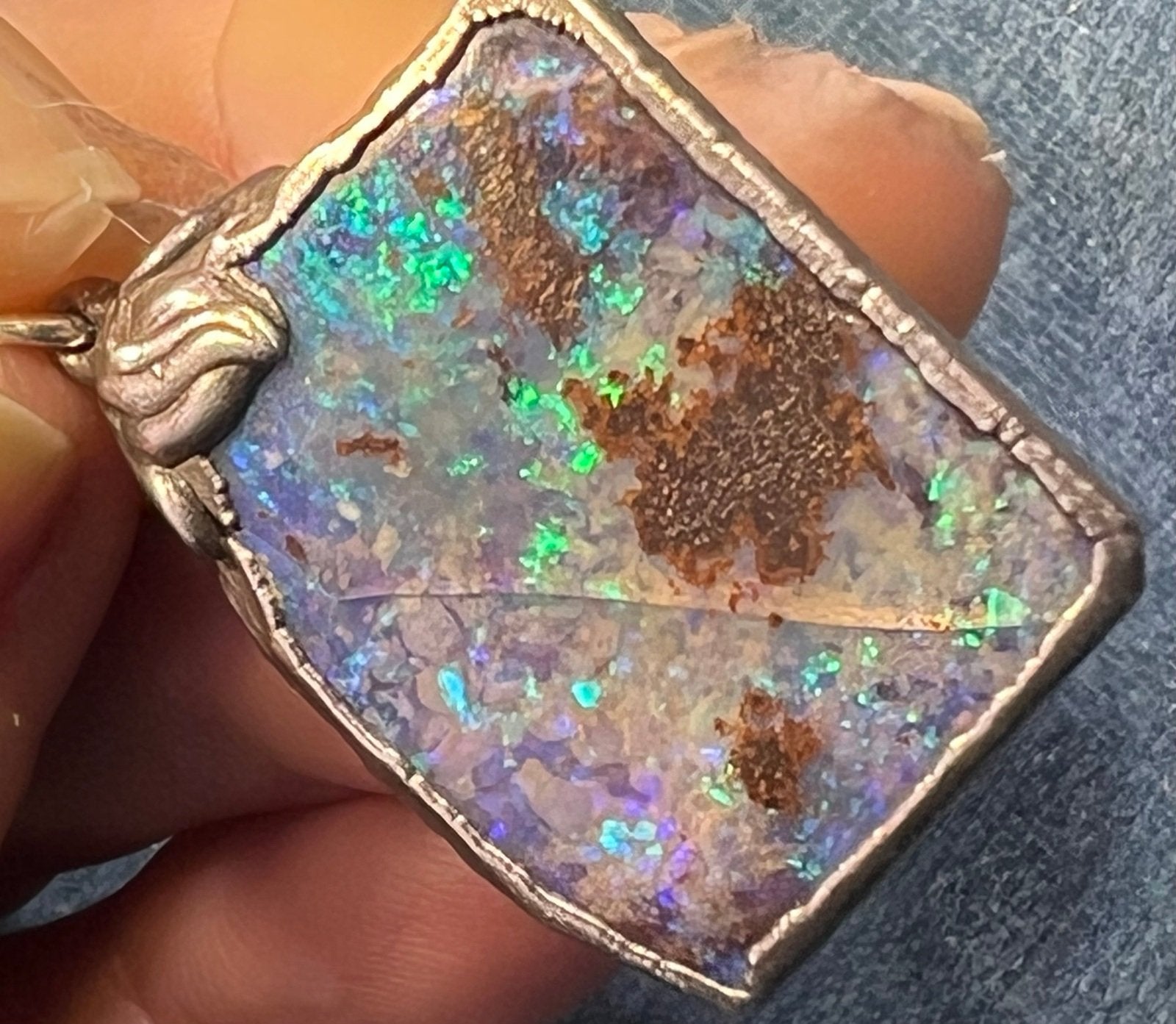 Australian Boulder Opal Pendant in Silver. 1.5" + 7.7g *Video*