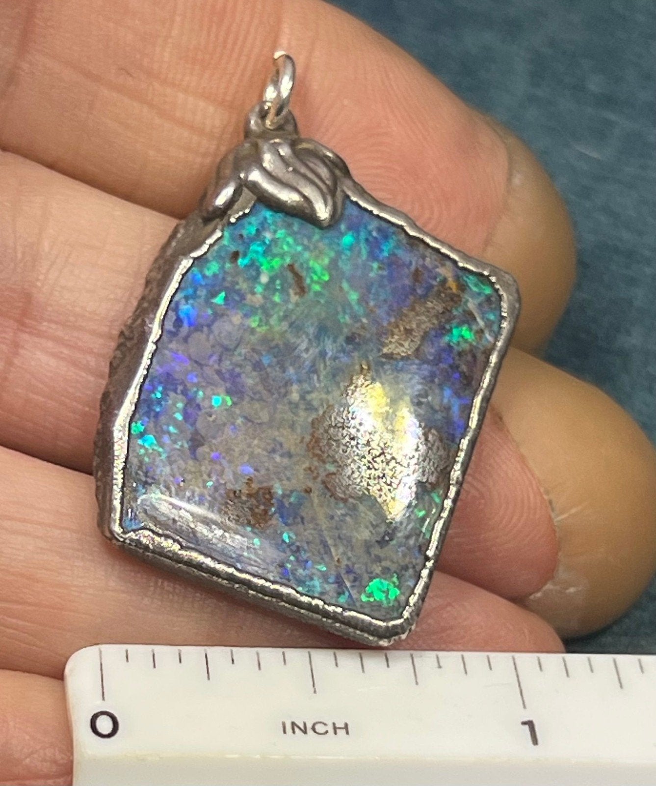 Australian Boulder Opal Pendant in Silver. 1.5" + 7.7g *Video*