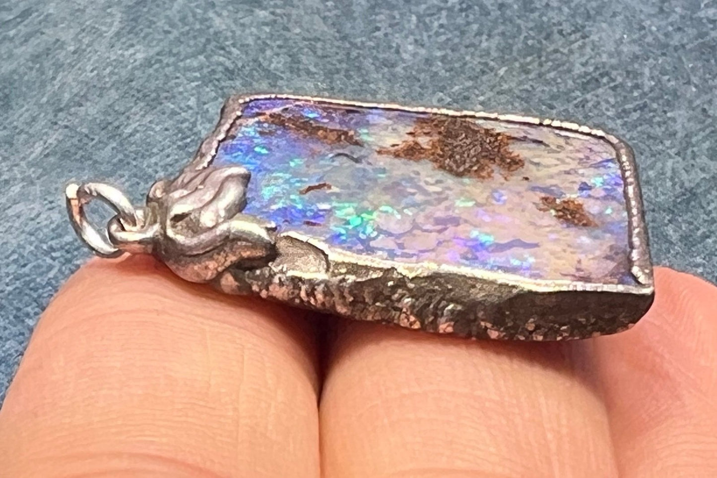 Australian Boulder Opal Pendant in Silver. 1.5" + 7.7g *Video*