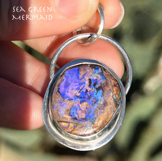 Australian Boulder Opal Pendant in Silver. 1.5" + 9g  *Video*