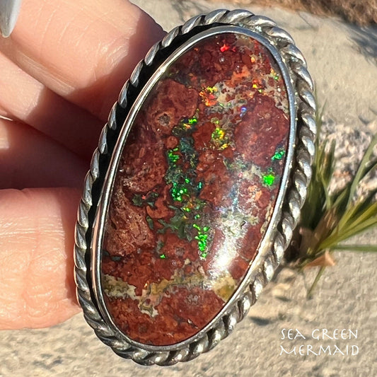 Australian Boulder Opal Ring in 925. 22g + 1.75" **Video**