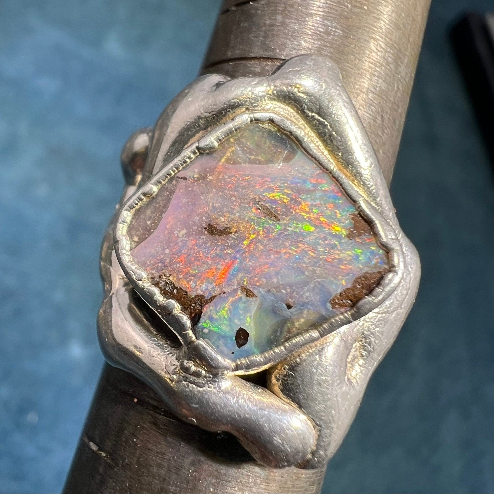 Australian Boulder Opal Ring in 925 Sterling Silver. 8g + 0.9" *Video*