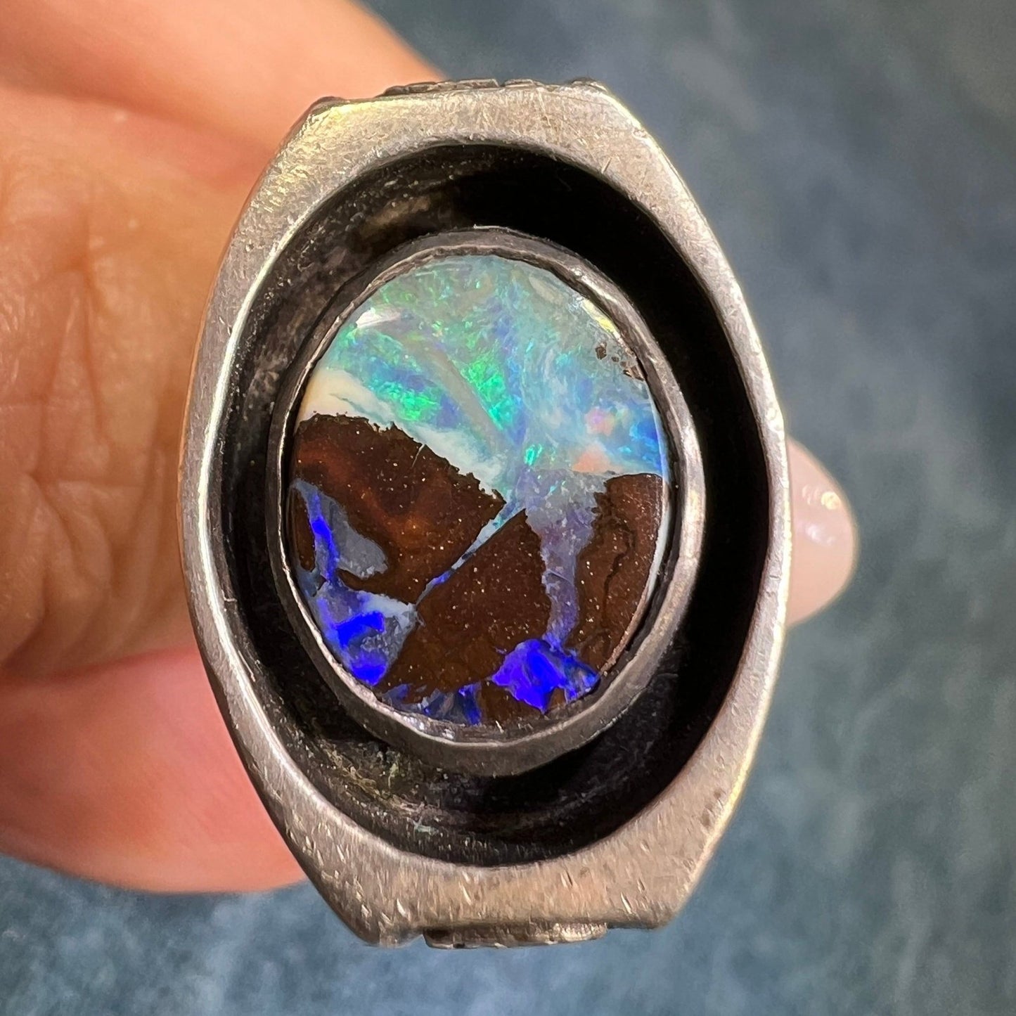 Australian Boulder Opal Ring in Sterling. Scottish Thistle 18g *Video*