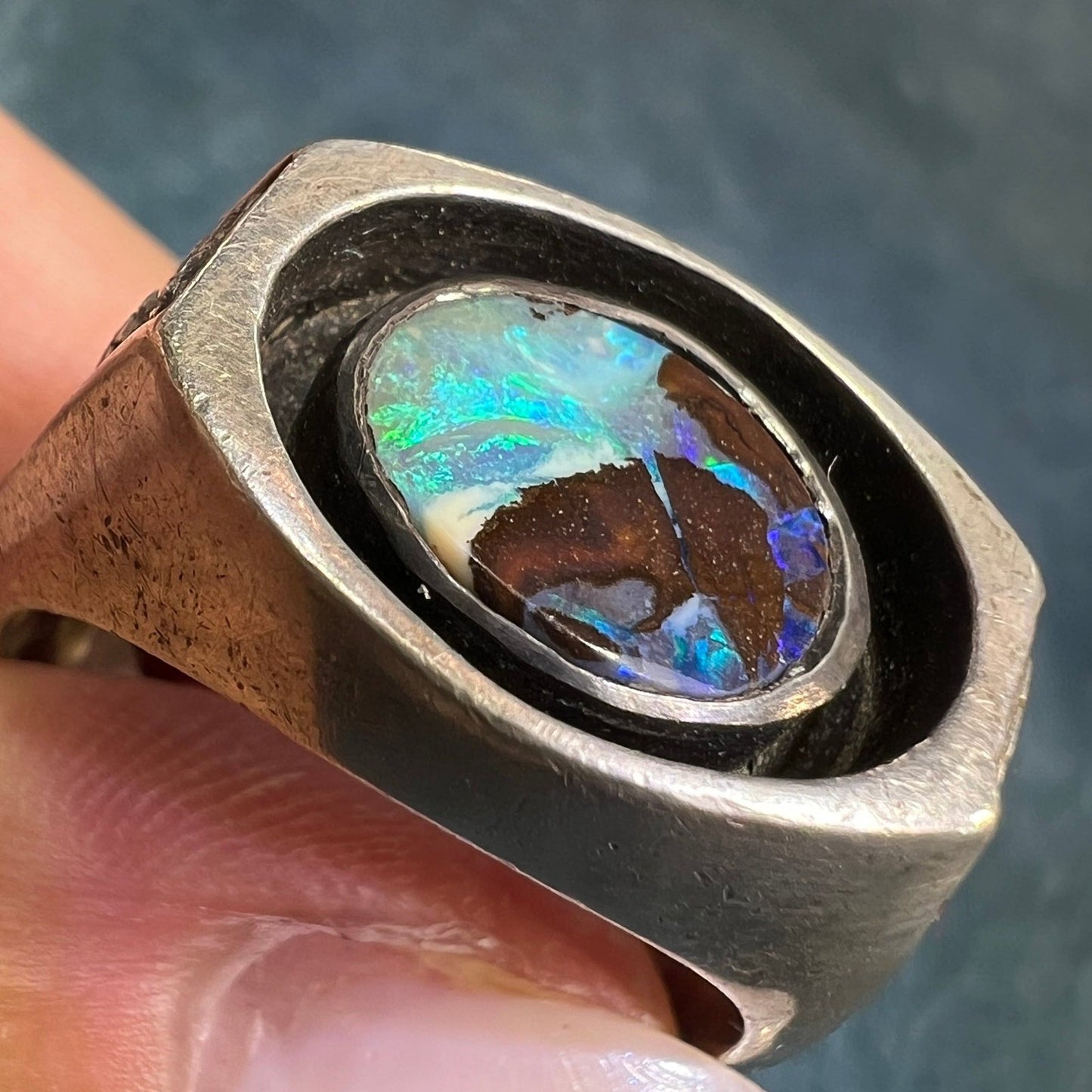 Australian Boulder Opal Ring in Sterling. Scottish Thistle 18g *Video*