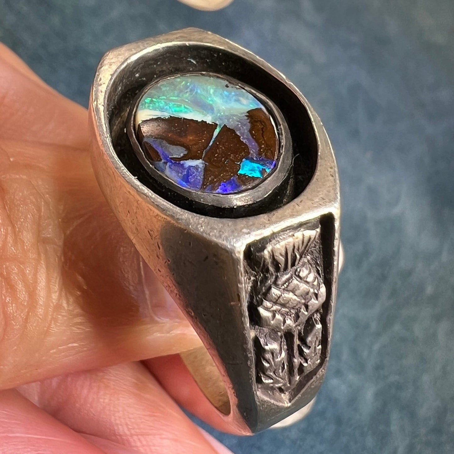 Australian Boulder Opal Ring in Sterling. Scottish Thistle 18g *Video*