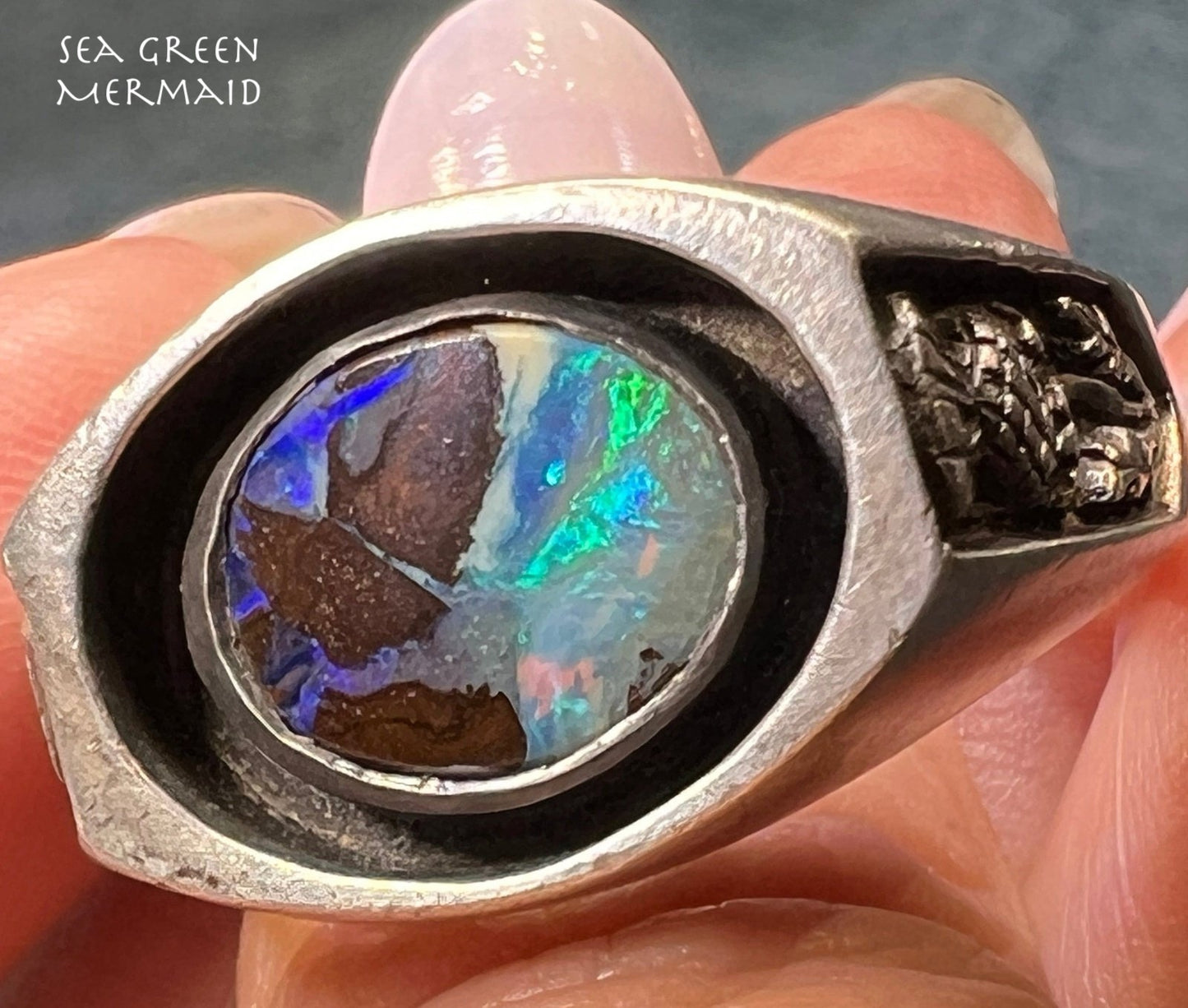 Australian Boulder Opal Ring in Sterling. Scottish Thistle 18g *Video*