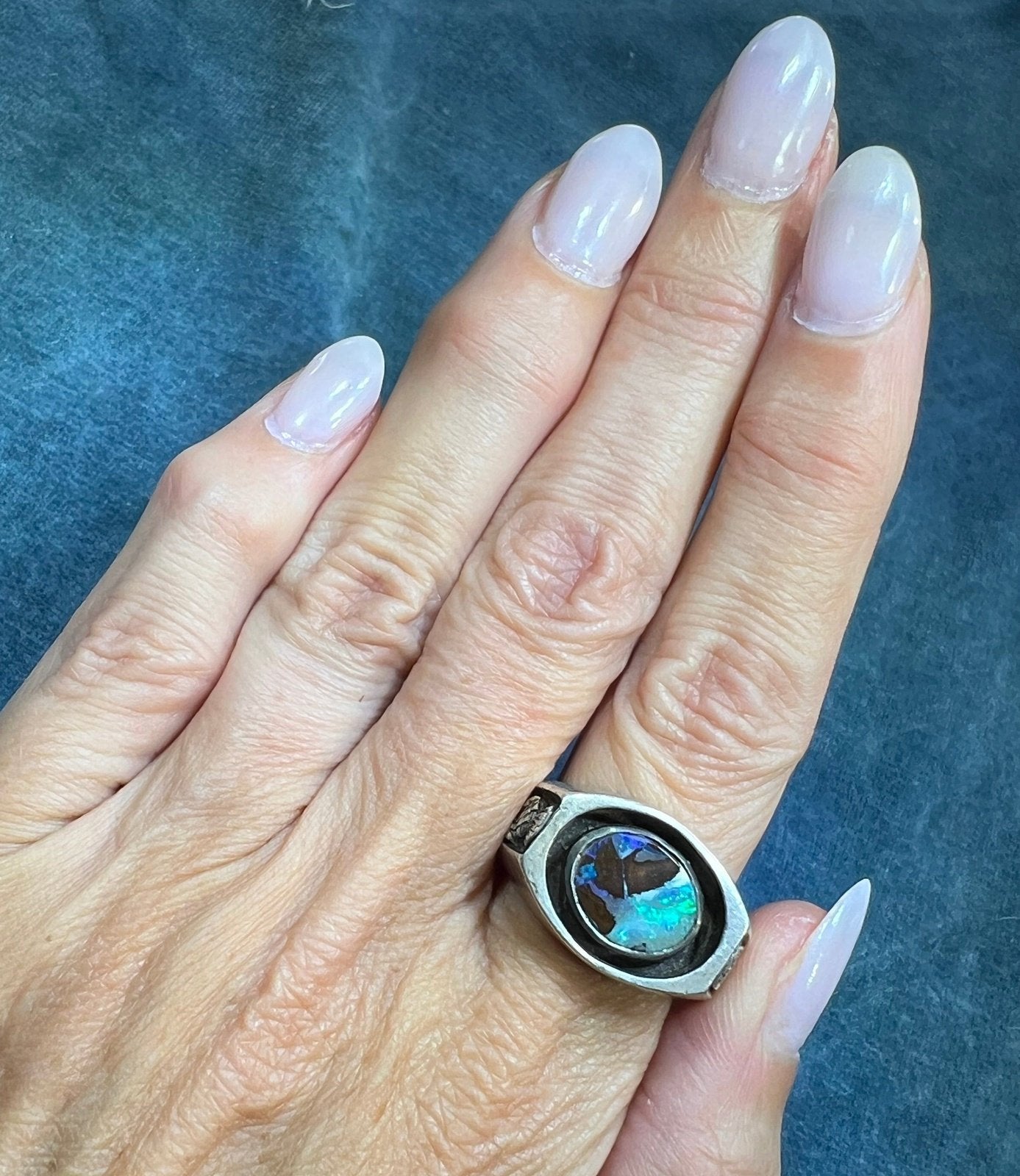 Australian Boulder Opal Ring in Sterling. Scottish Thistle 18g *Video*