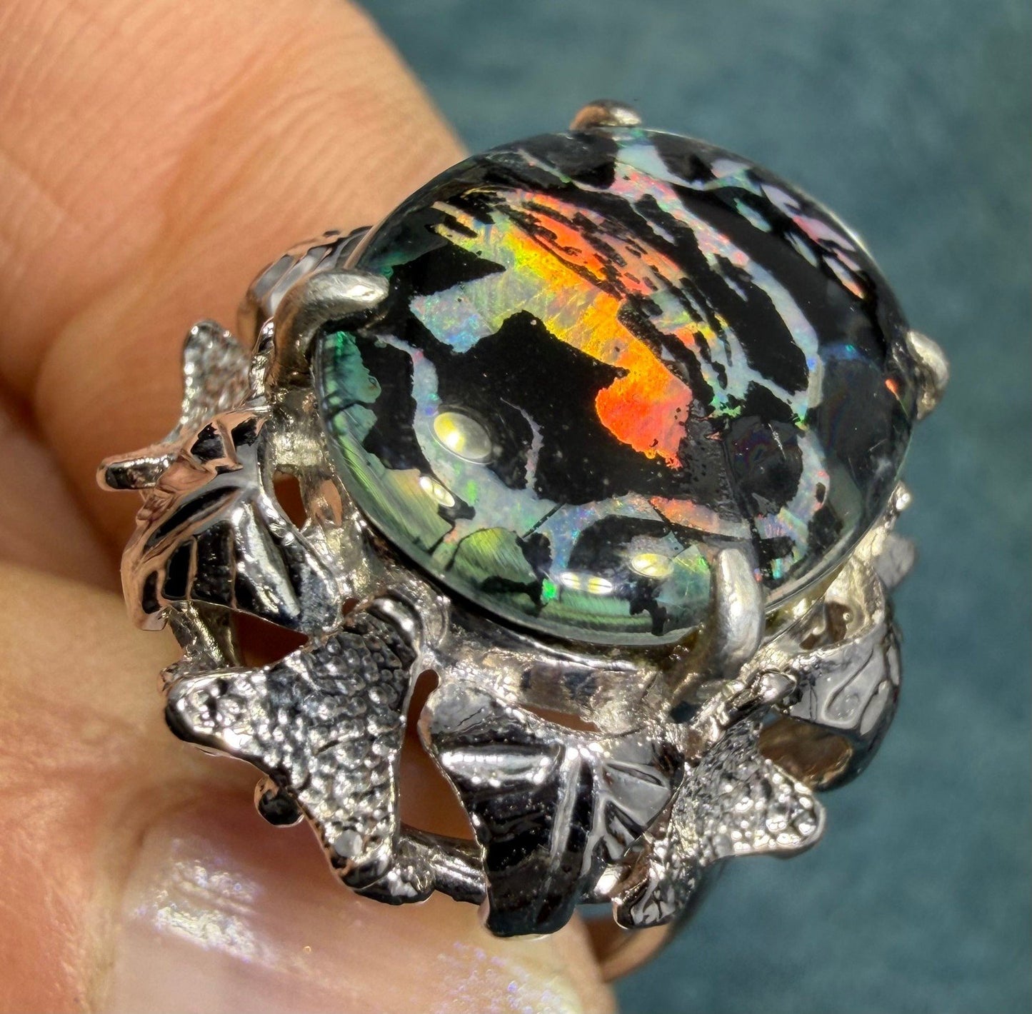 Australian Boulder Opal Triplet Ring. 7/8" Unusual! *Video*