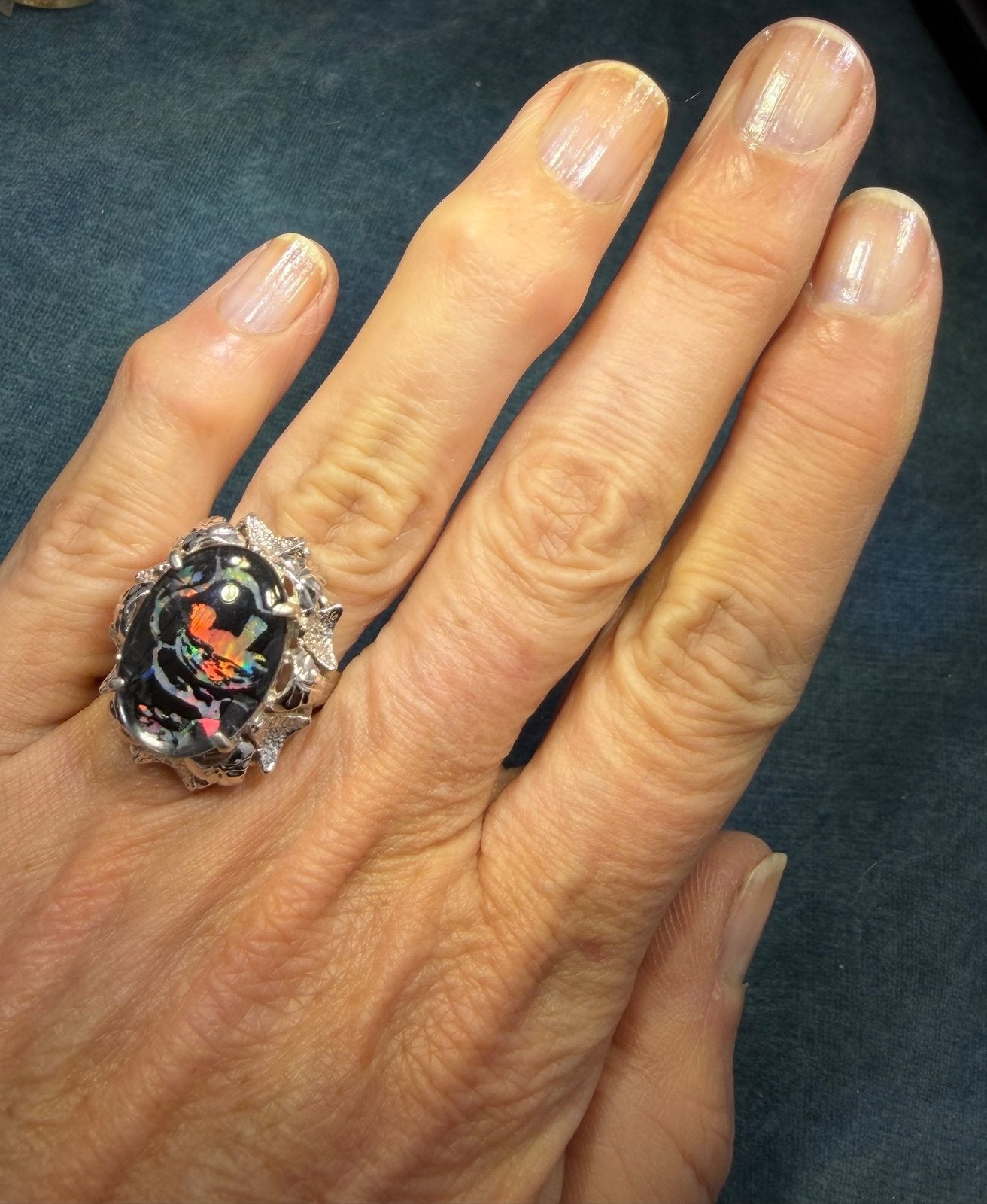 Australian Boulder Opal Triplet Ring. 7/8" Unusual! *Video*