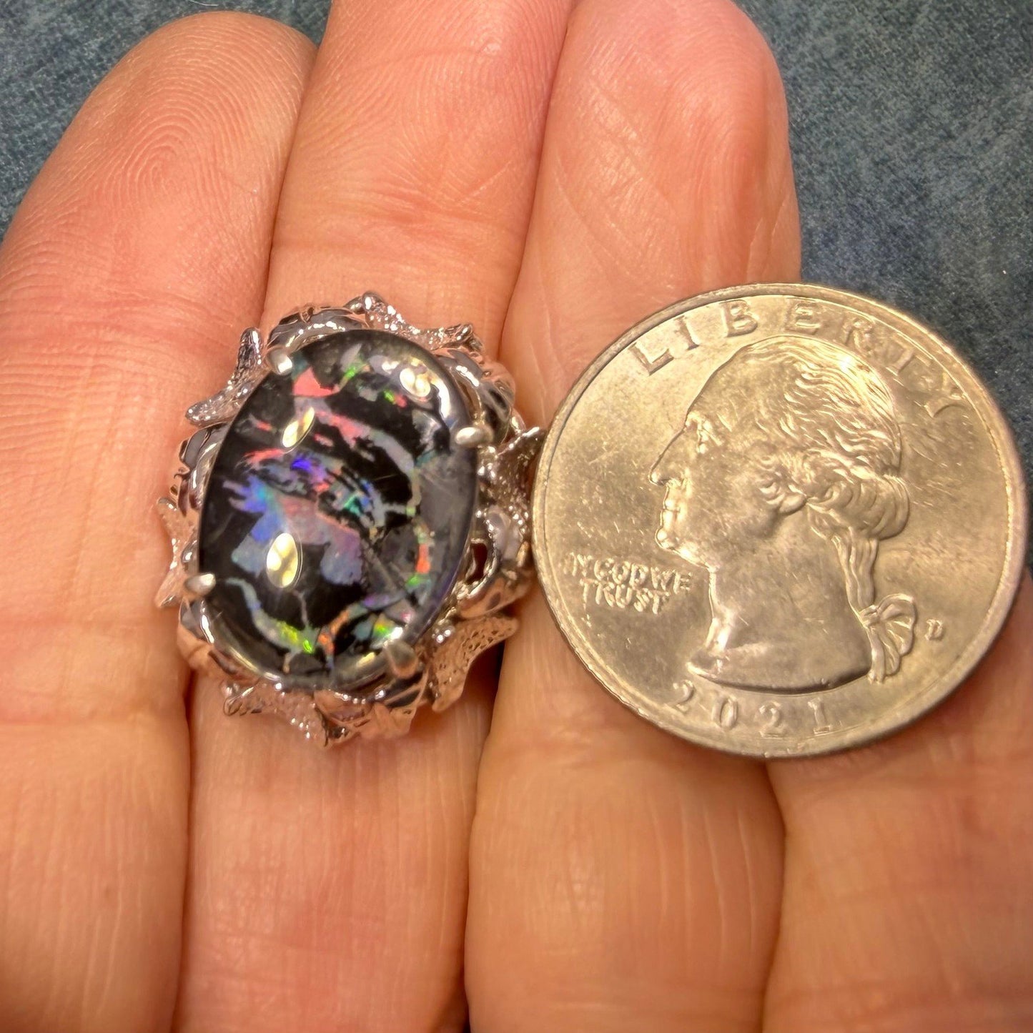 Australian Boulder Opal Triplet Ring. 7/8" Unusual! *Video*