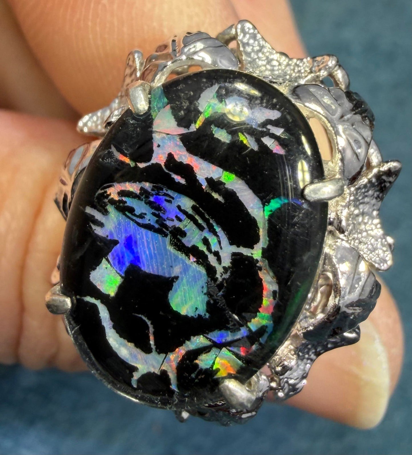 Australian Boulder Opal Triplet Ring. 7/8" Unusual! *Video*