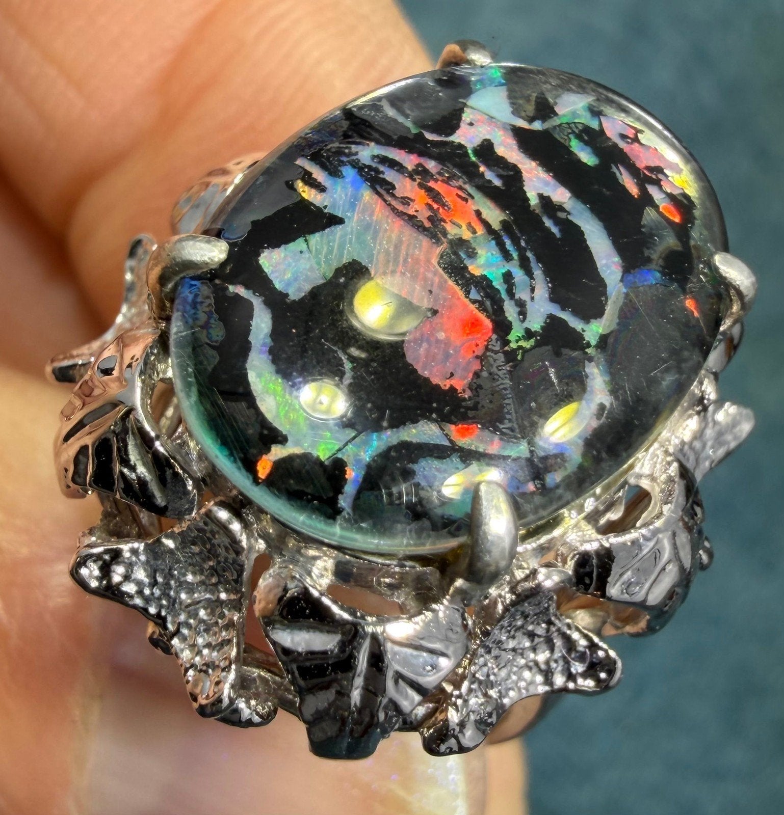 Australian Boulder Opal Triplet Ring. 7/8" Unusual! *Video*
