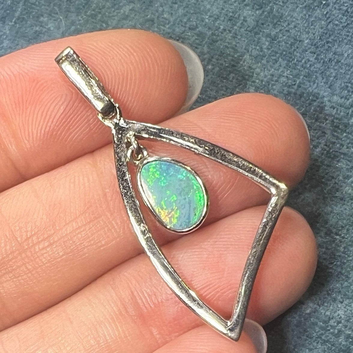 Australian Boulder Opal in Triangle Frame Modern Pendant. Sterling Silver