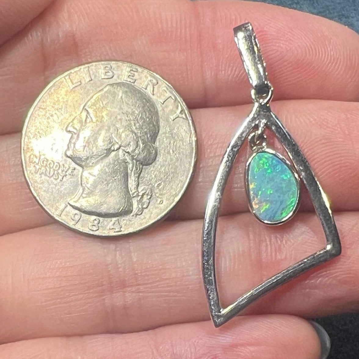 Australian Boulder Opal in Triangle Frame Modern Pendant. Sterling Silver