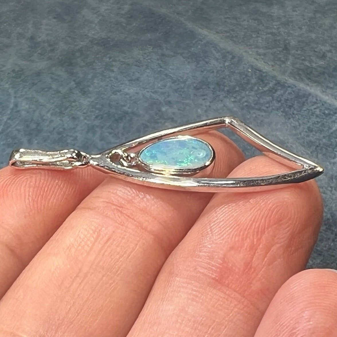 Australian Boulder Opal in Triangle Frame Modern Pendant. Sterling Silver