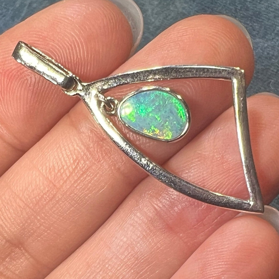 Australian Boulder Opal in Triangle Frame Modern Pendant. Sterling Silver