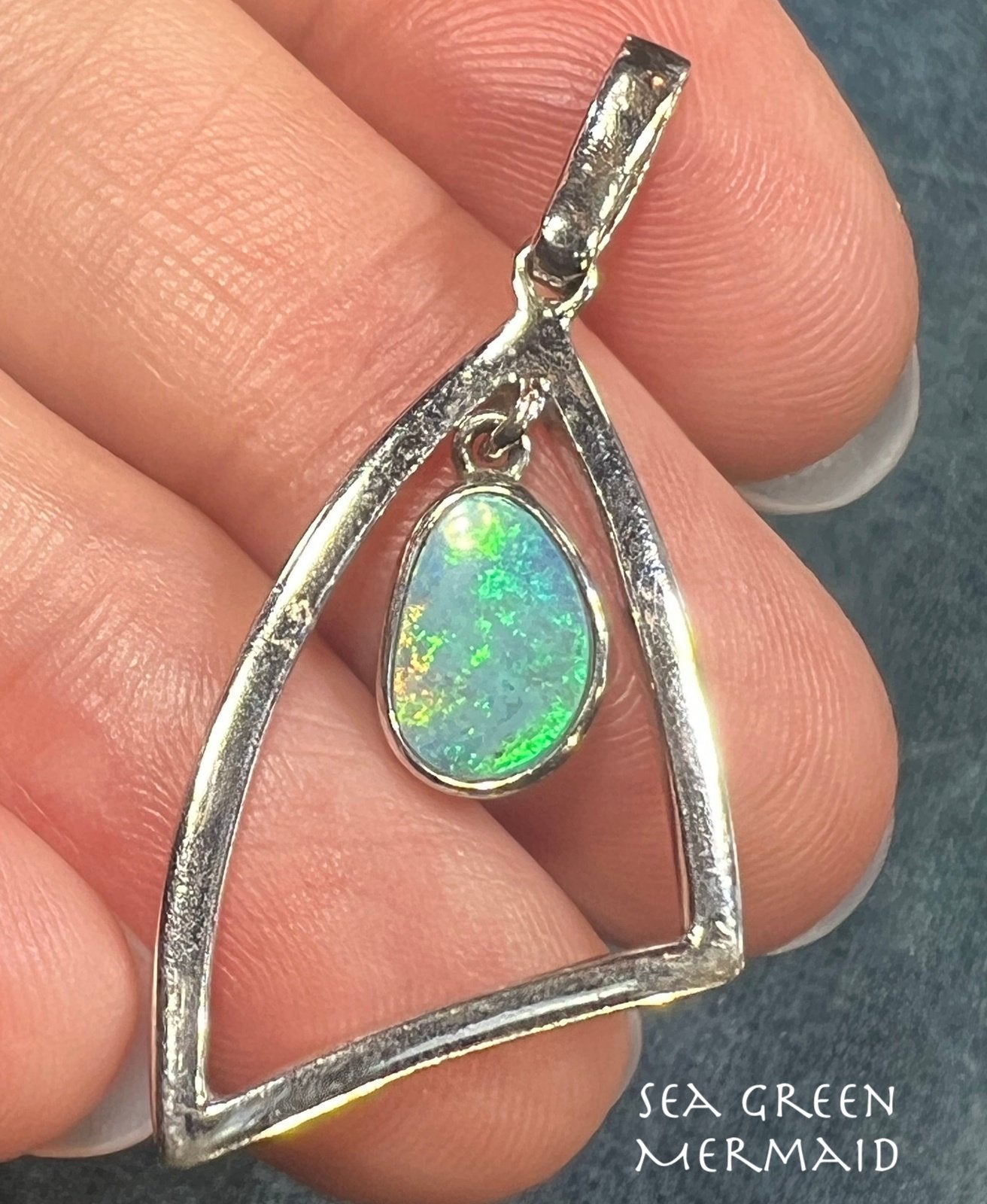 Australian Boulder Opal in Triangle Frame Modern Pendant. Sterling Silver