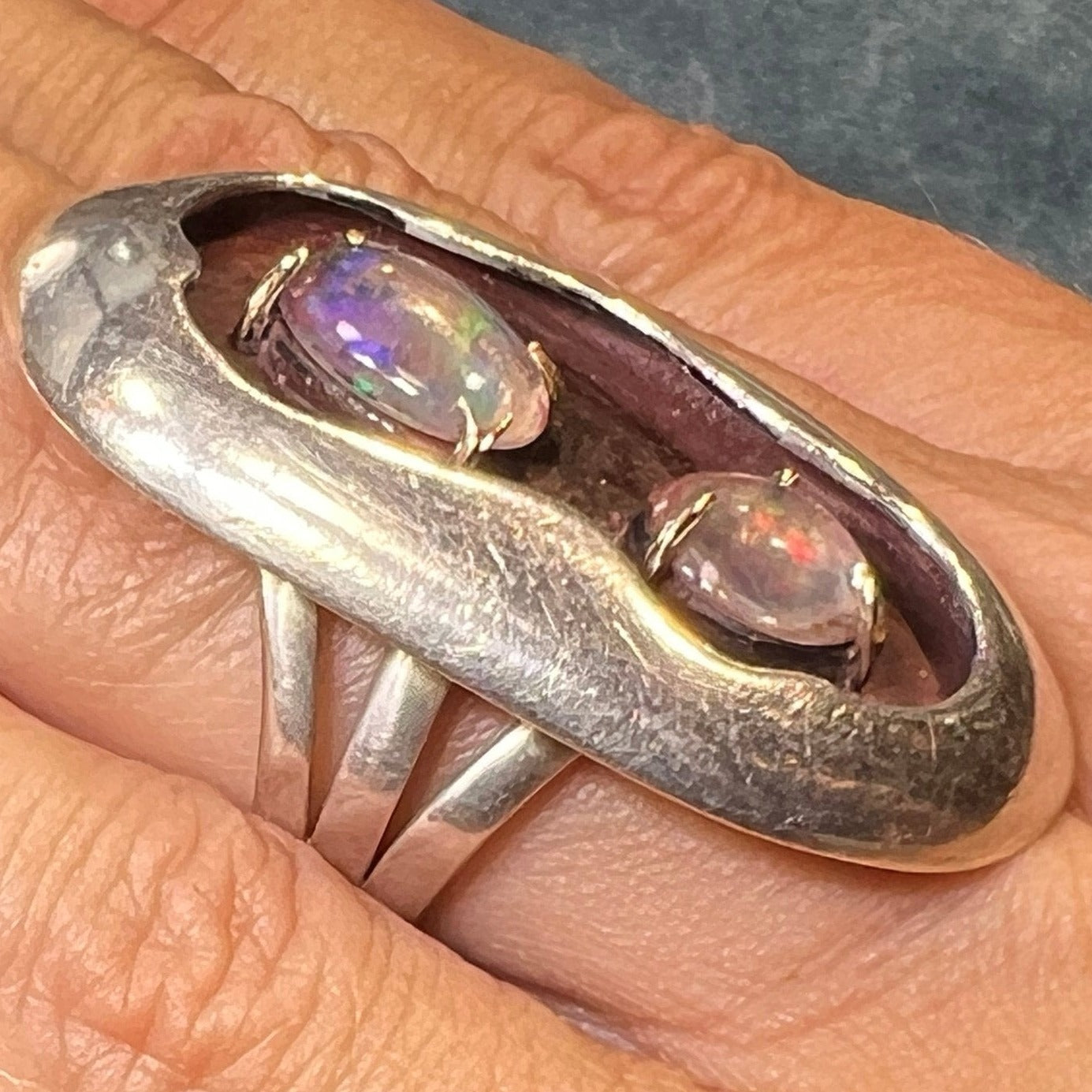 Australian Jelly Opal DOUBLE Ring. Old Pawn Sterling Silver *Video*