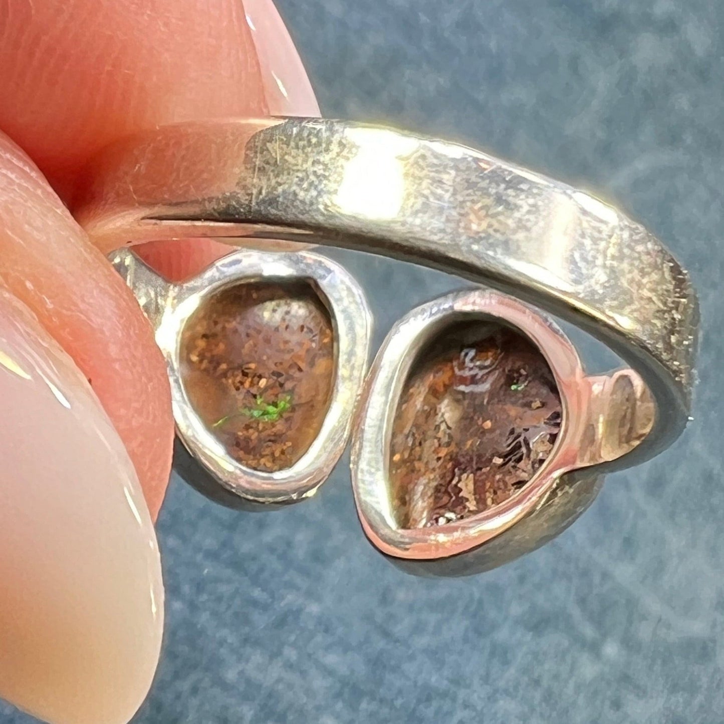 Australian Koroit Boulder Opal Modernist Double Ring in Sterling Silver