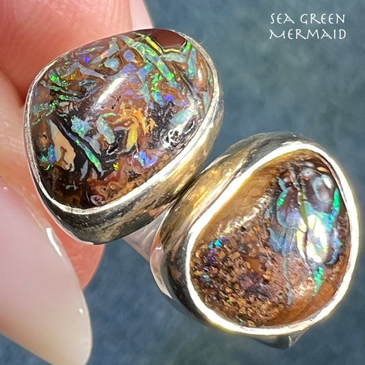 Australian Koroit Boulder Opal Modernist Double Ring in Sterling Silver