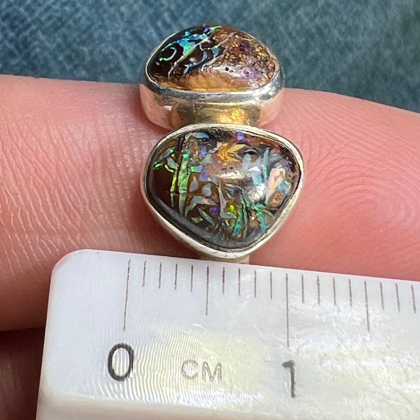 Australian Koroit Boulder Opal Modernist Double Ring in Sterling Silver