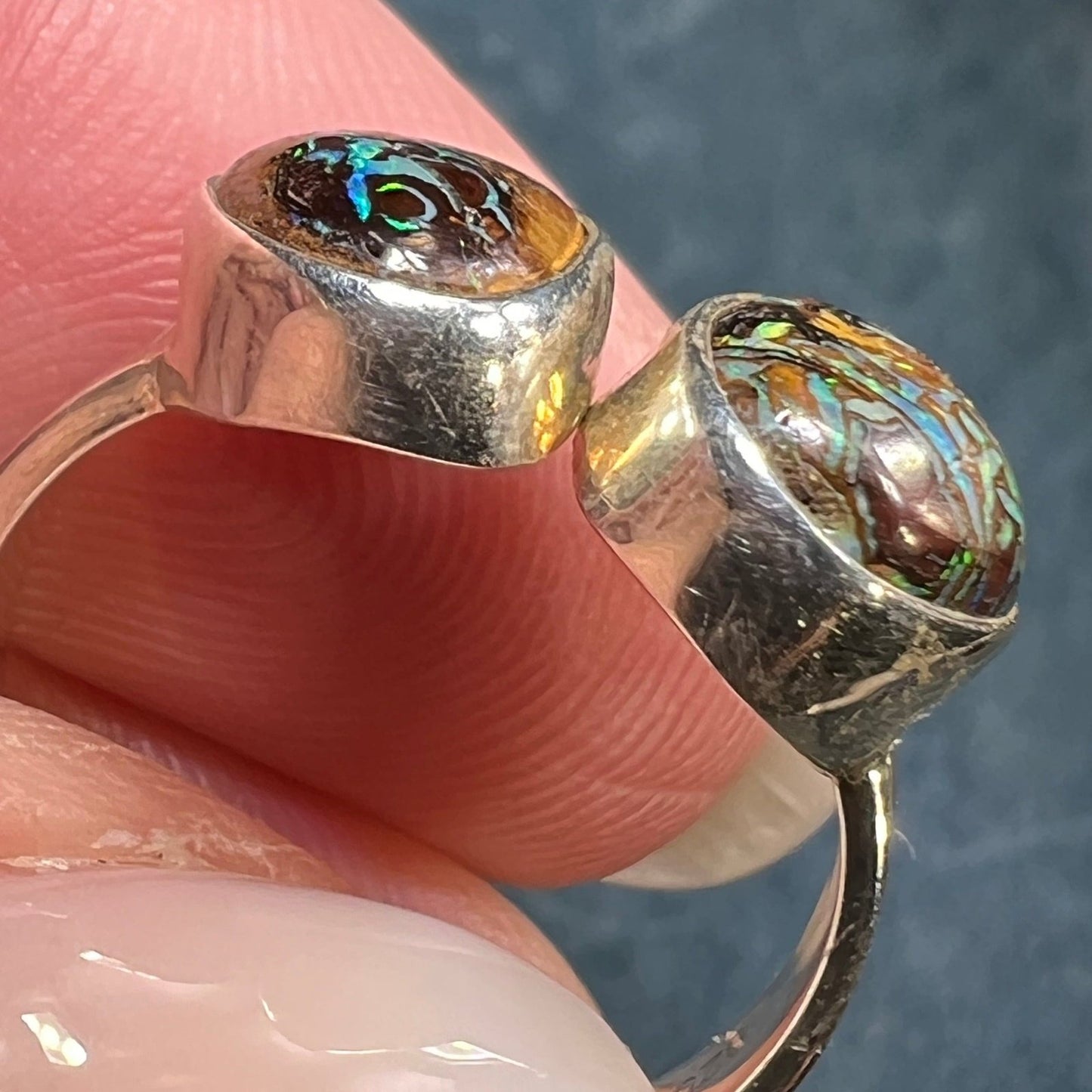 Australian Koroit Boulder Opal Modernist Double Ring in Sterling Silver