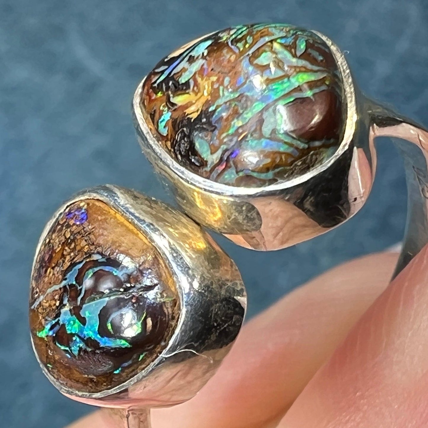 Australian Koroit Boulder Opal Modernist Double Ring in Sterling Silver