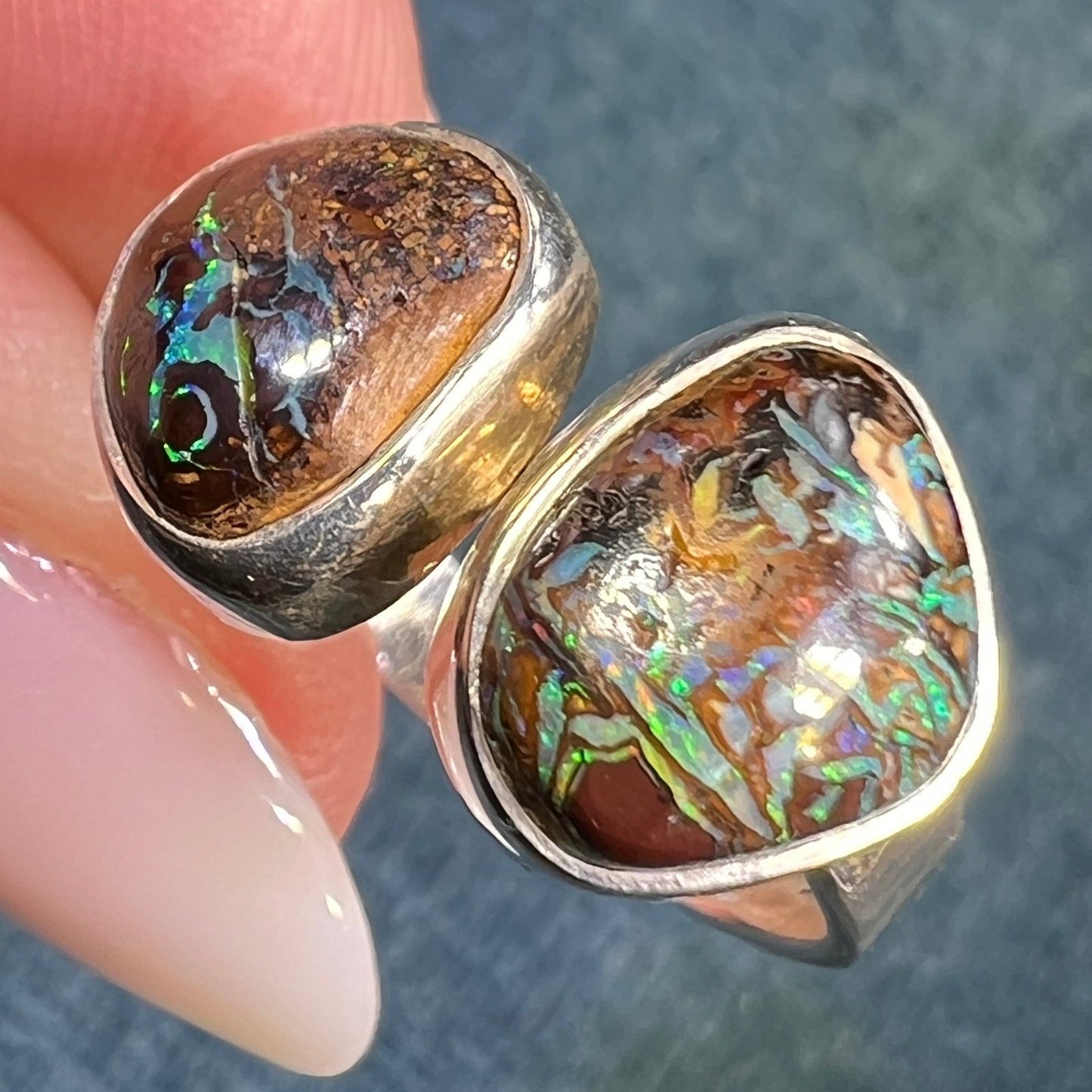 Australian Koroit Boulder Opal Modernist Double Ring in Sterling Silver