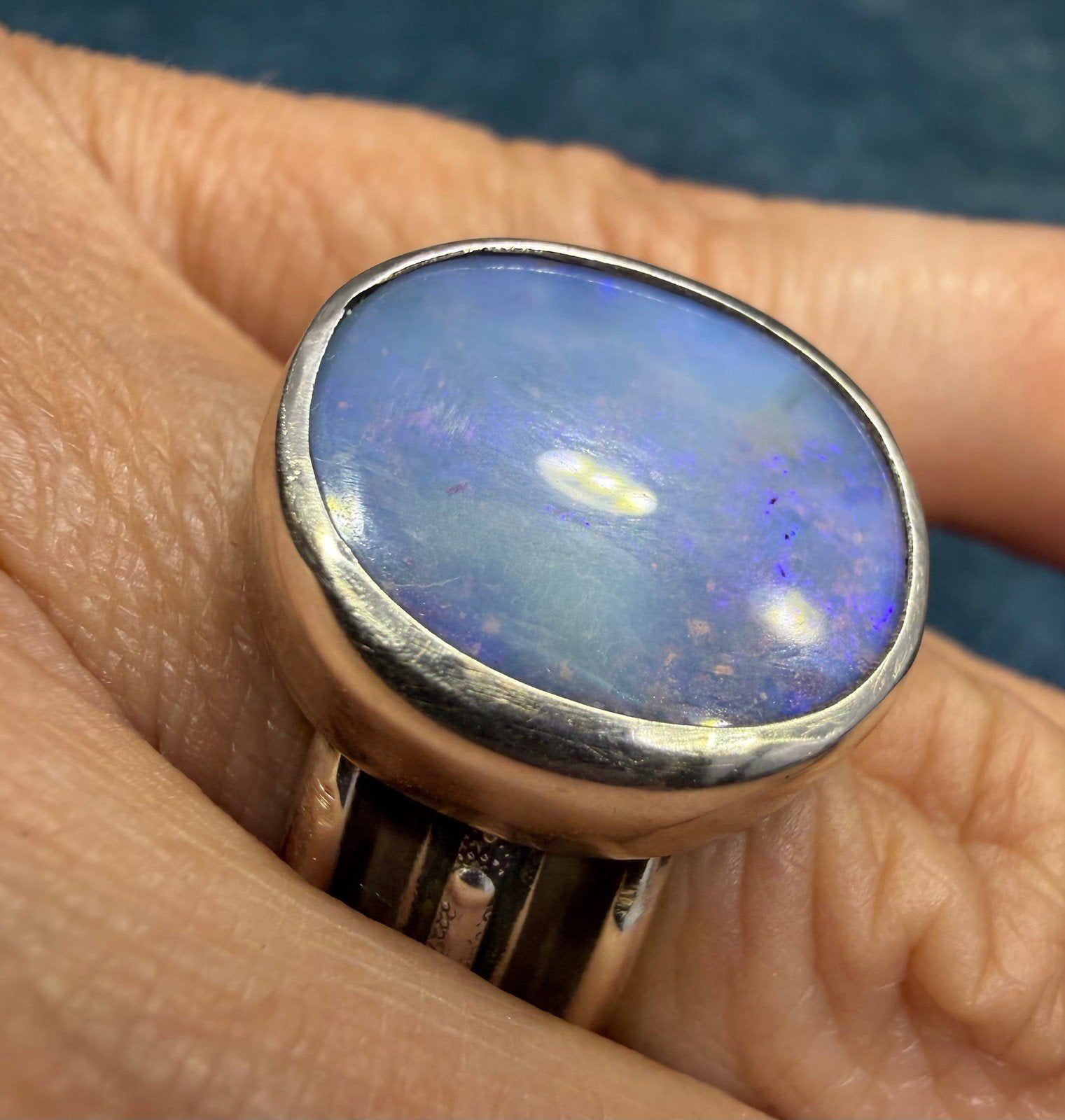 Australian Ocean Blue + Lavender Boulder Opal Ring. Wide Band. 15gm