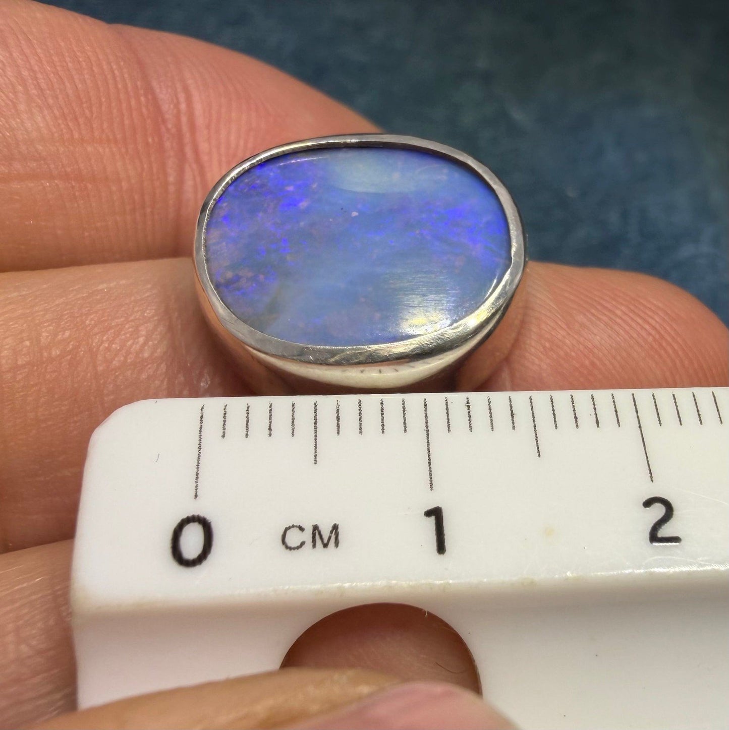 Australian Ocean Blue + Lavender Boulder Opal Ring. Wide Band. 15gm