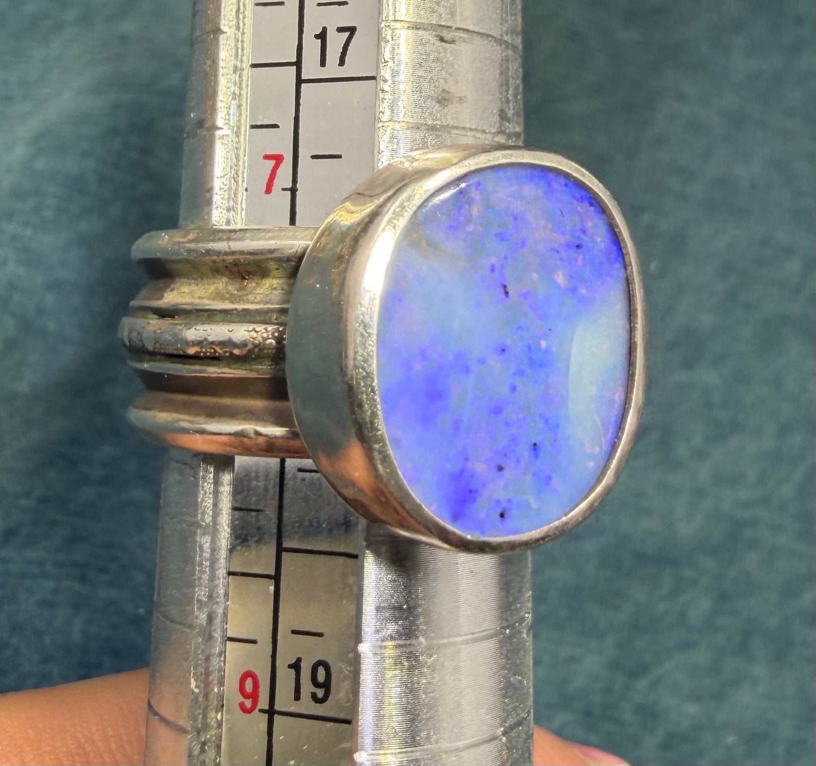 Australian Ocean Blue + Lavender Boulder Opal Ring. Wide Band. 15gm