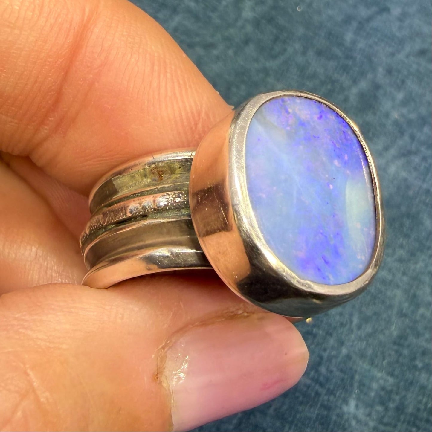 Australian Ocean Blue + Lavender Boulder Opal Ring. Wide Band. 15gm