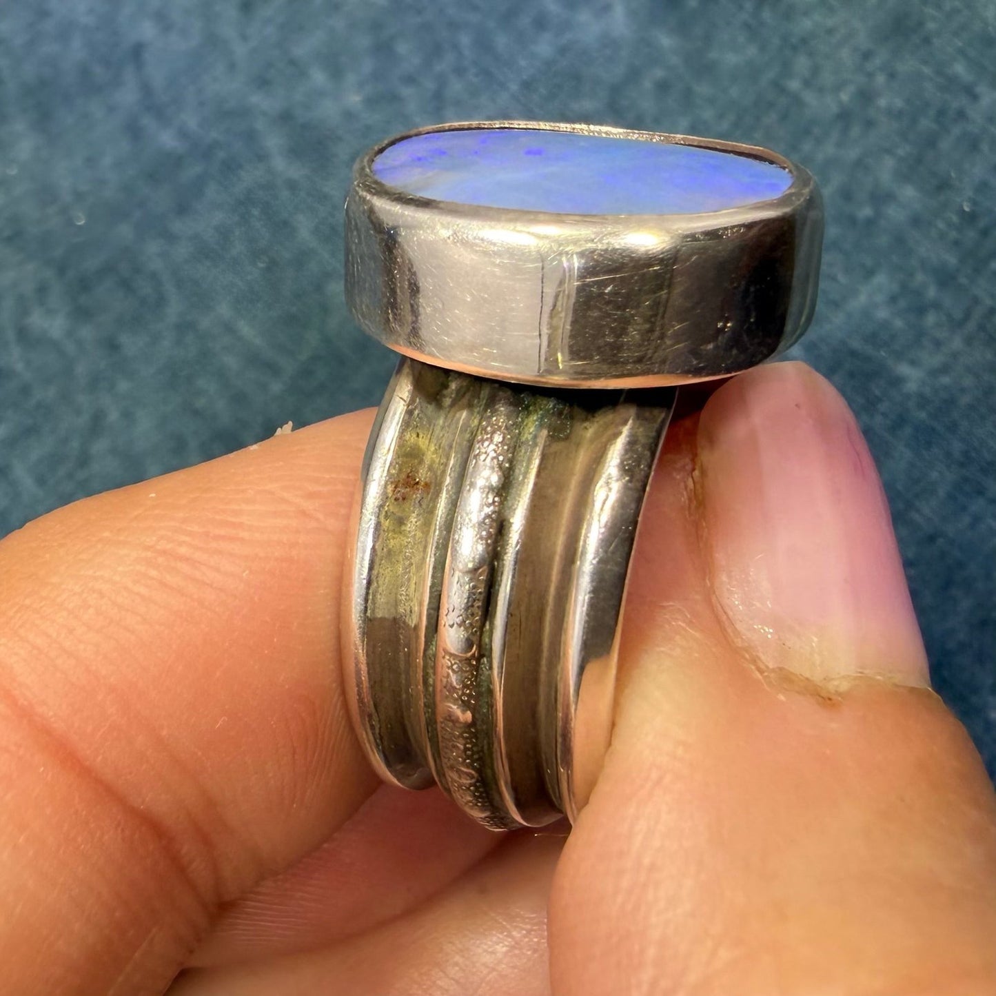 Australian Ocean Blue + Lavender Boulder Opal Ring. Wide Band. 15gm