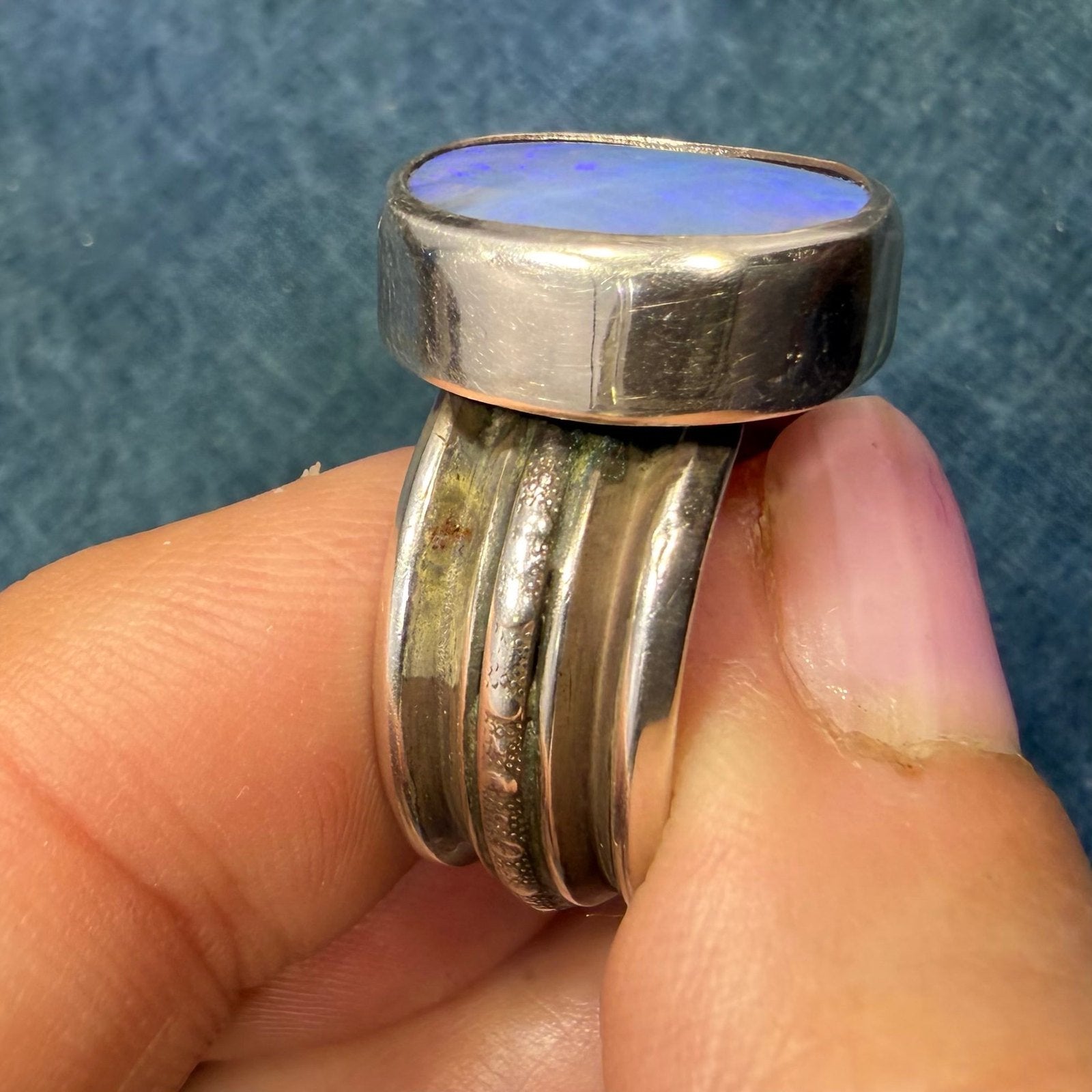 Australian Ocean Blue + Lavender Boulder Opal Ring. Wide Band. 15gm