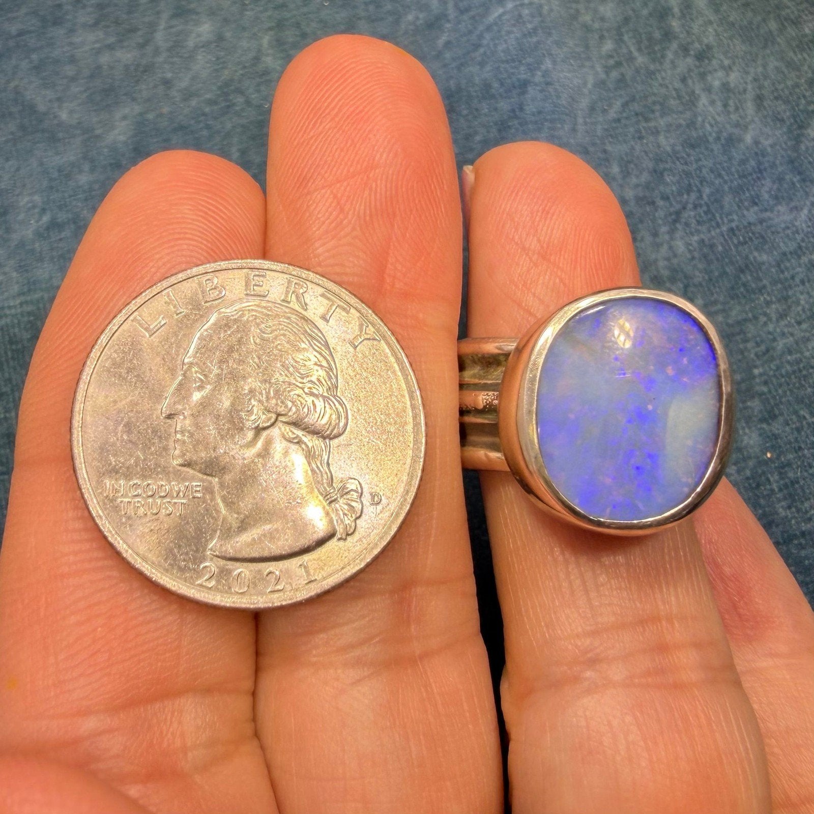 Australian Ocean Blue + Lavender Boulder Opal Ring. Wide Band. 15gm