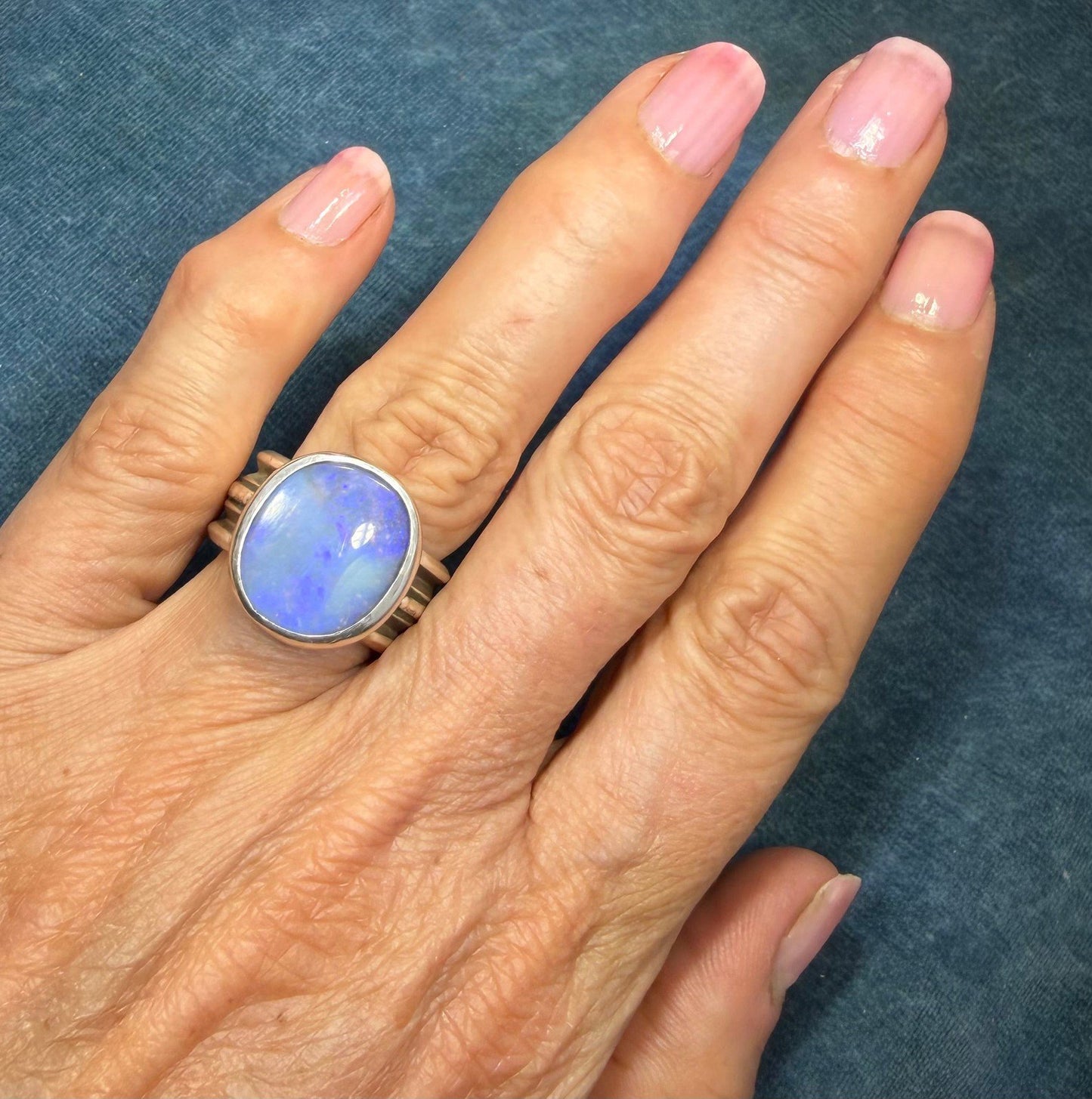 Australian Ocean Blue + Lavender Boulder Opal Ring. Wide Band. 15gm